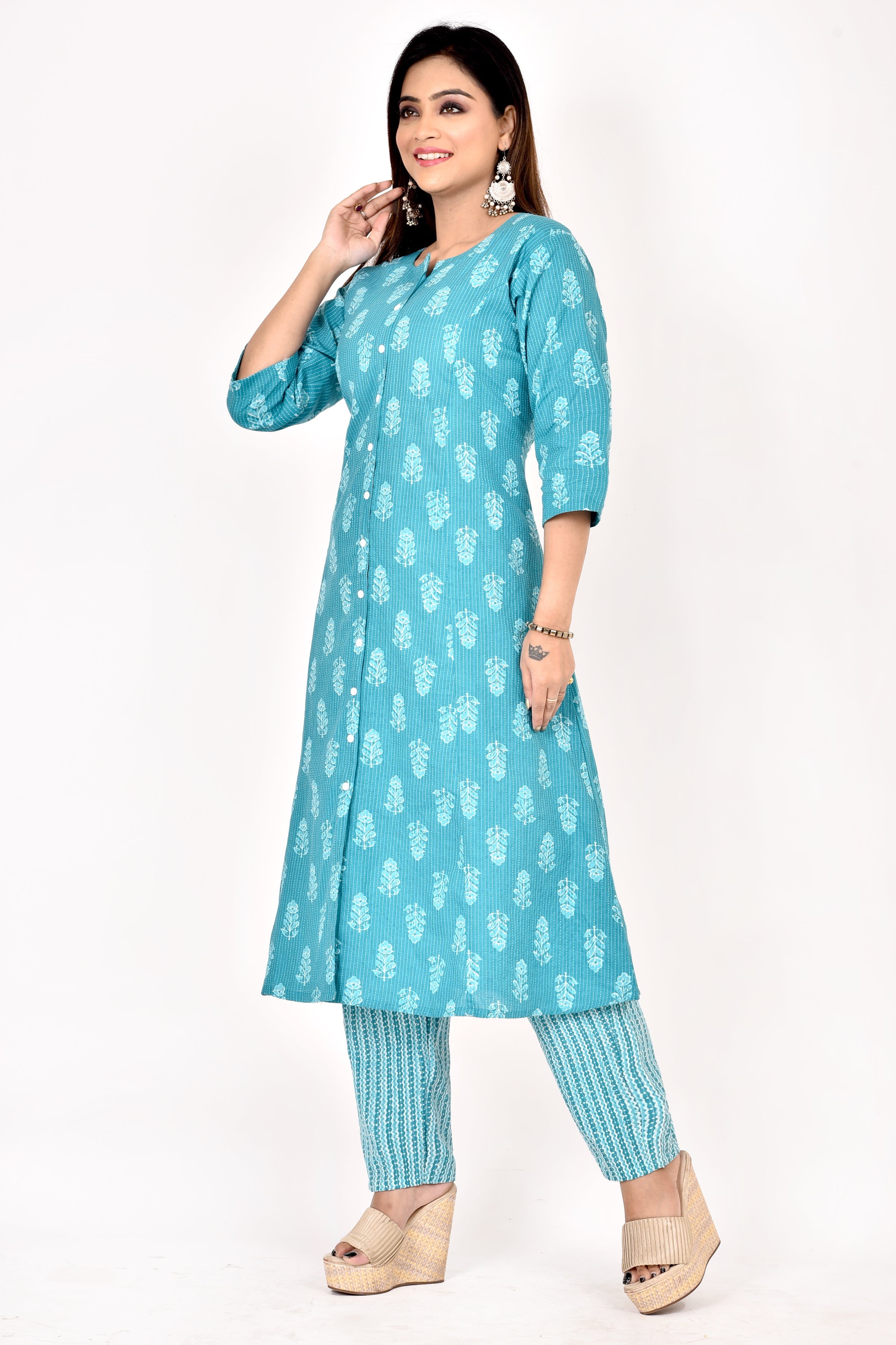 Aqua Blue Floral Print A-Line Kurta With Pant