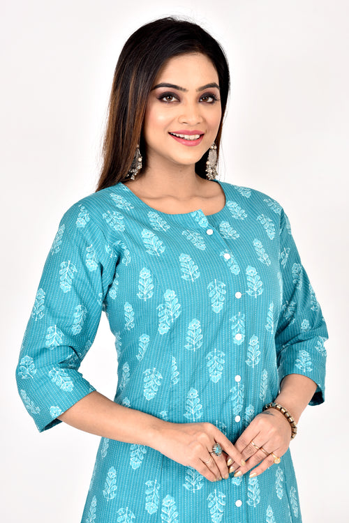 Aqua Blue Floral Print A-Line Kurta With Pant