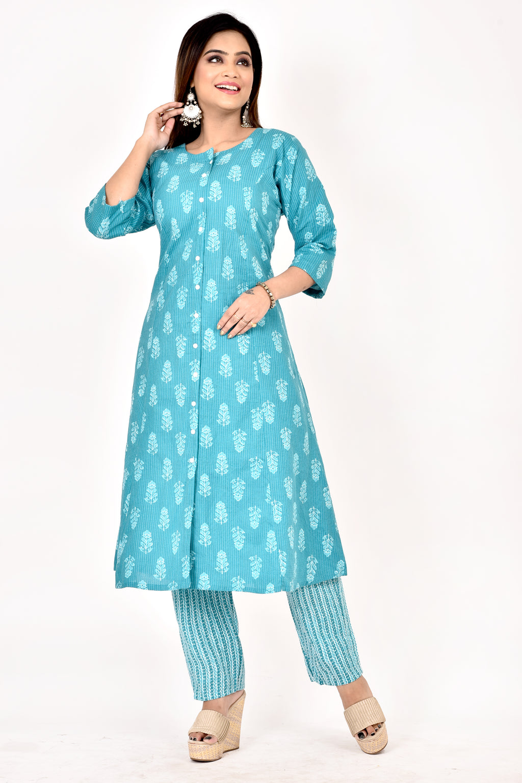 Aqua Blue Floral Print A-Line Kurta With Pant