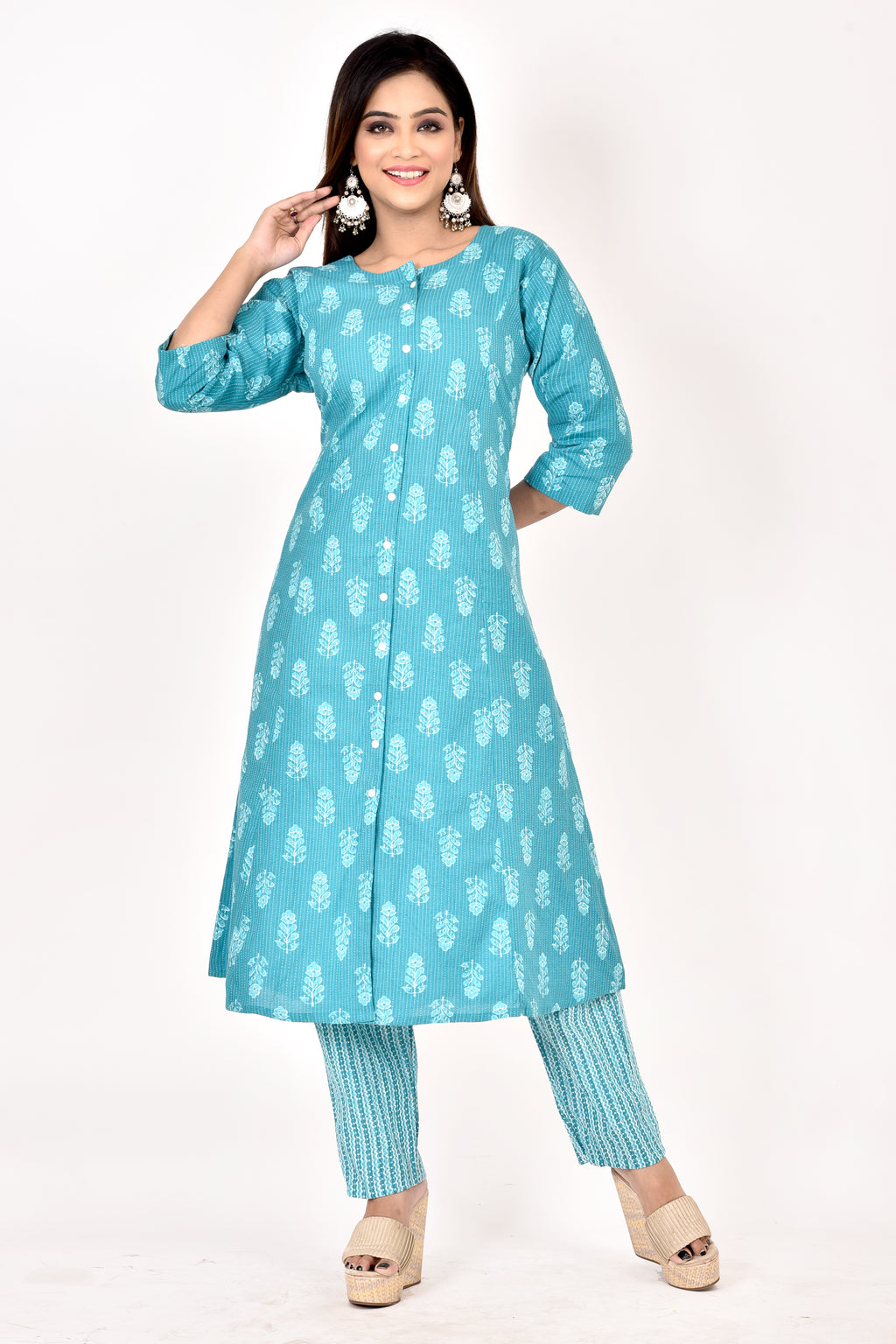 Aqua Blue Floral Print A-Line Kurta With Pant