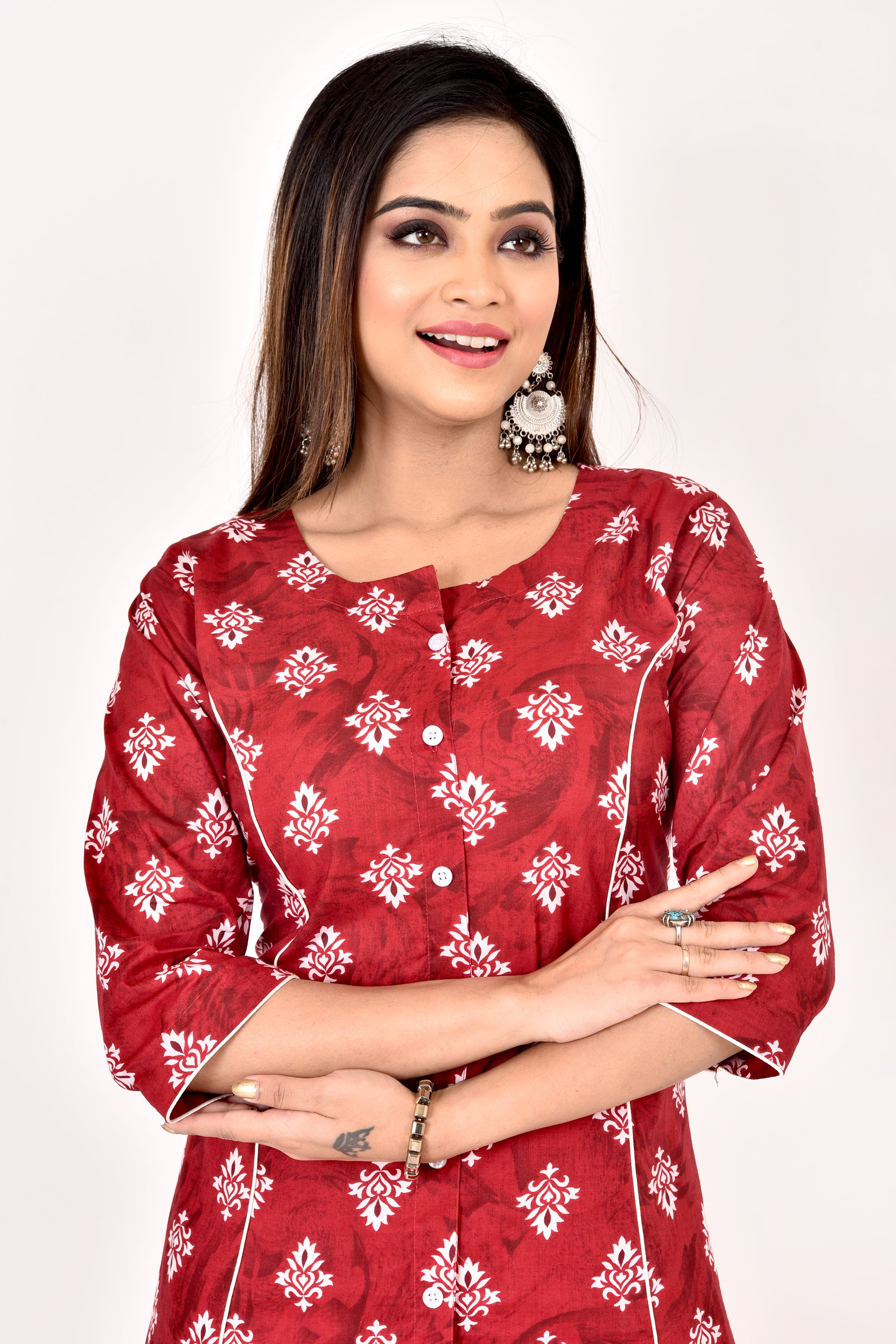 Maroon Geometric Print A-Line Kurta With Pant