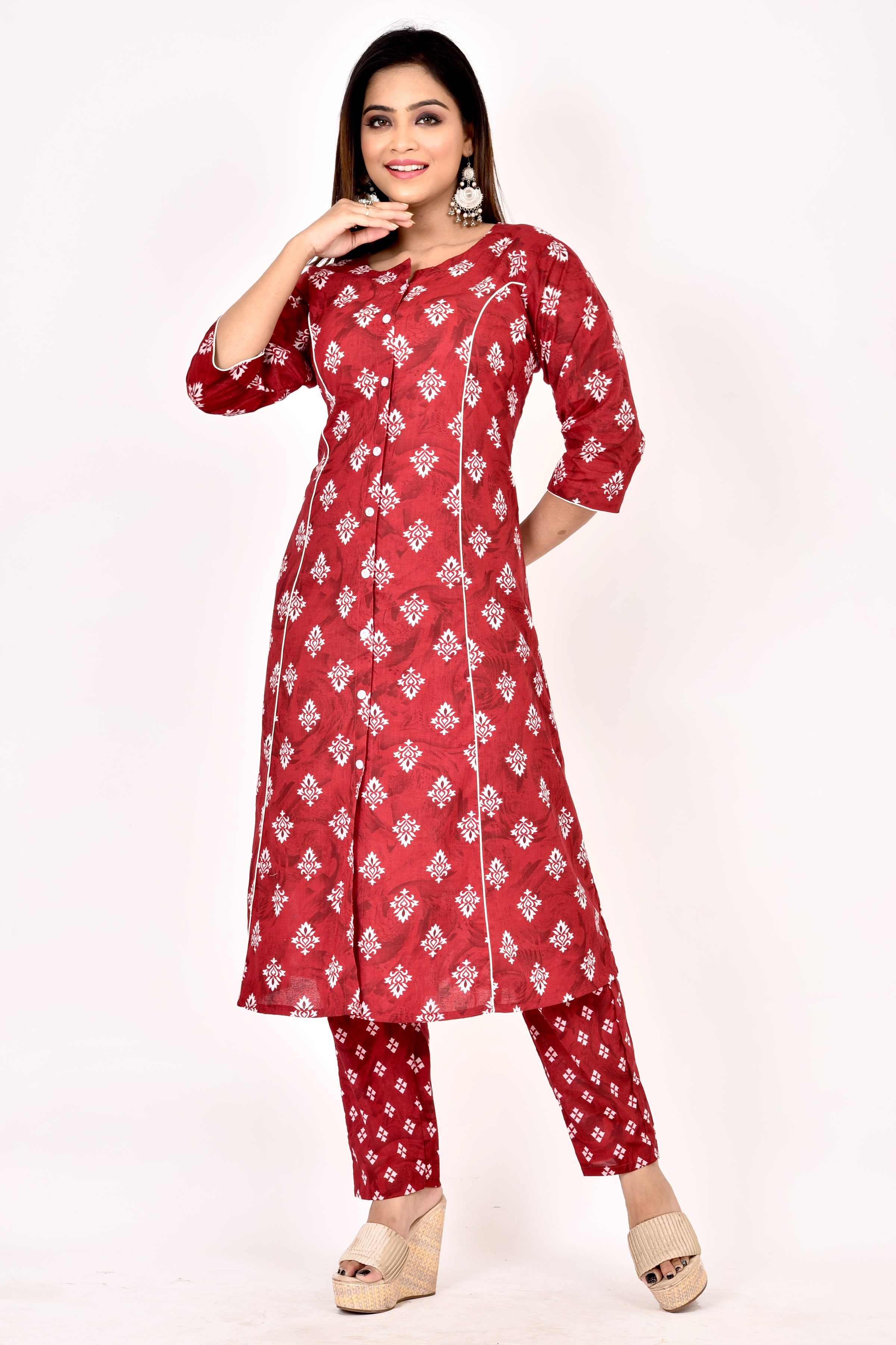 Maroon Geometric Print A-Line Kurta With Pant
