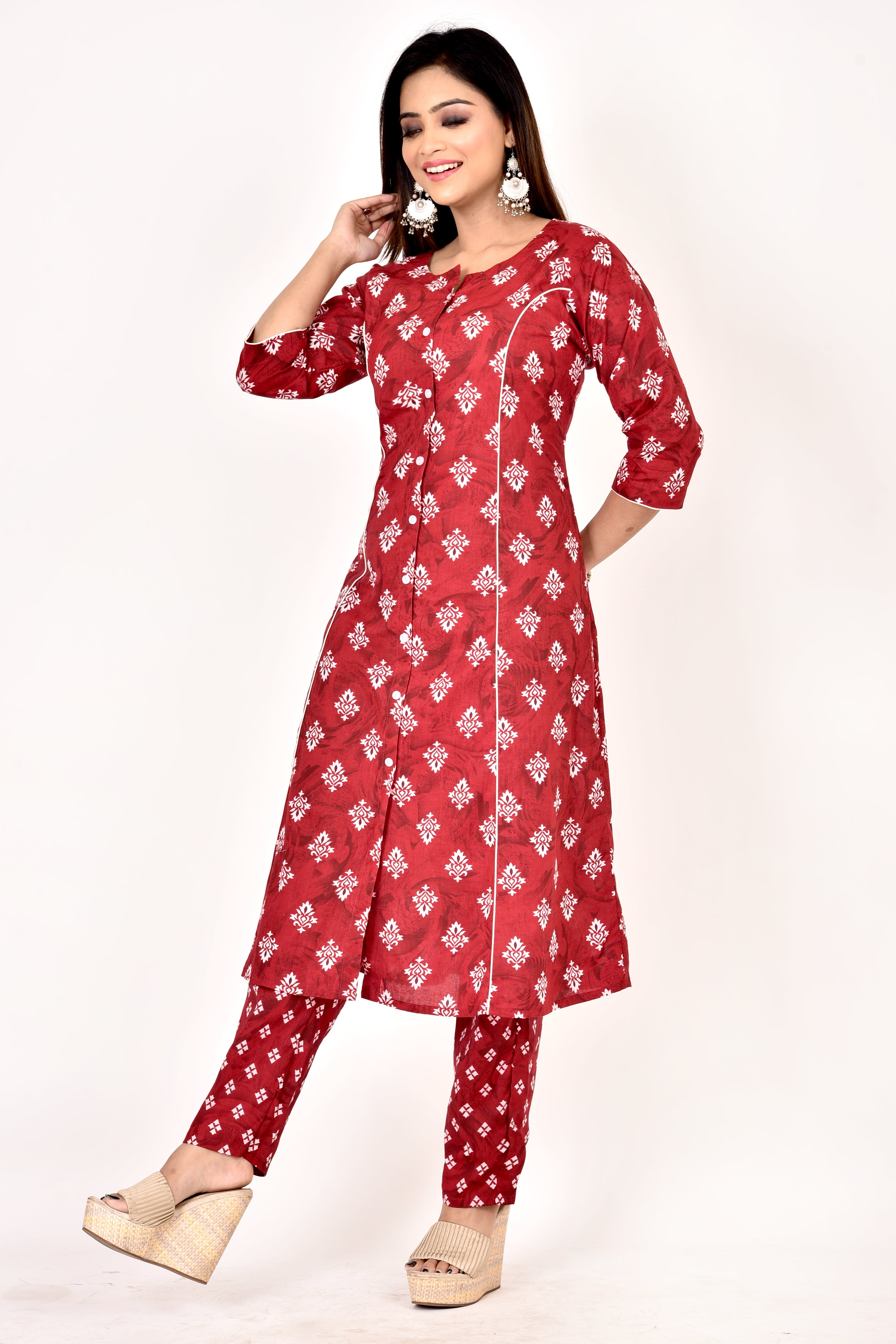 Maroon Geometric Print A-Line Kurta With Pant