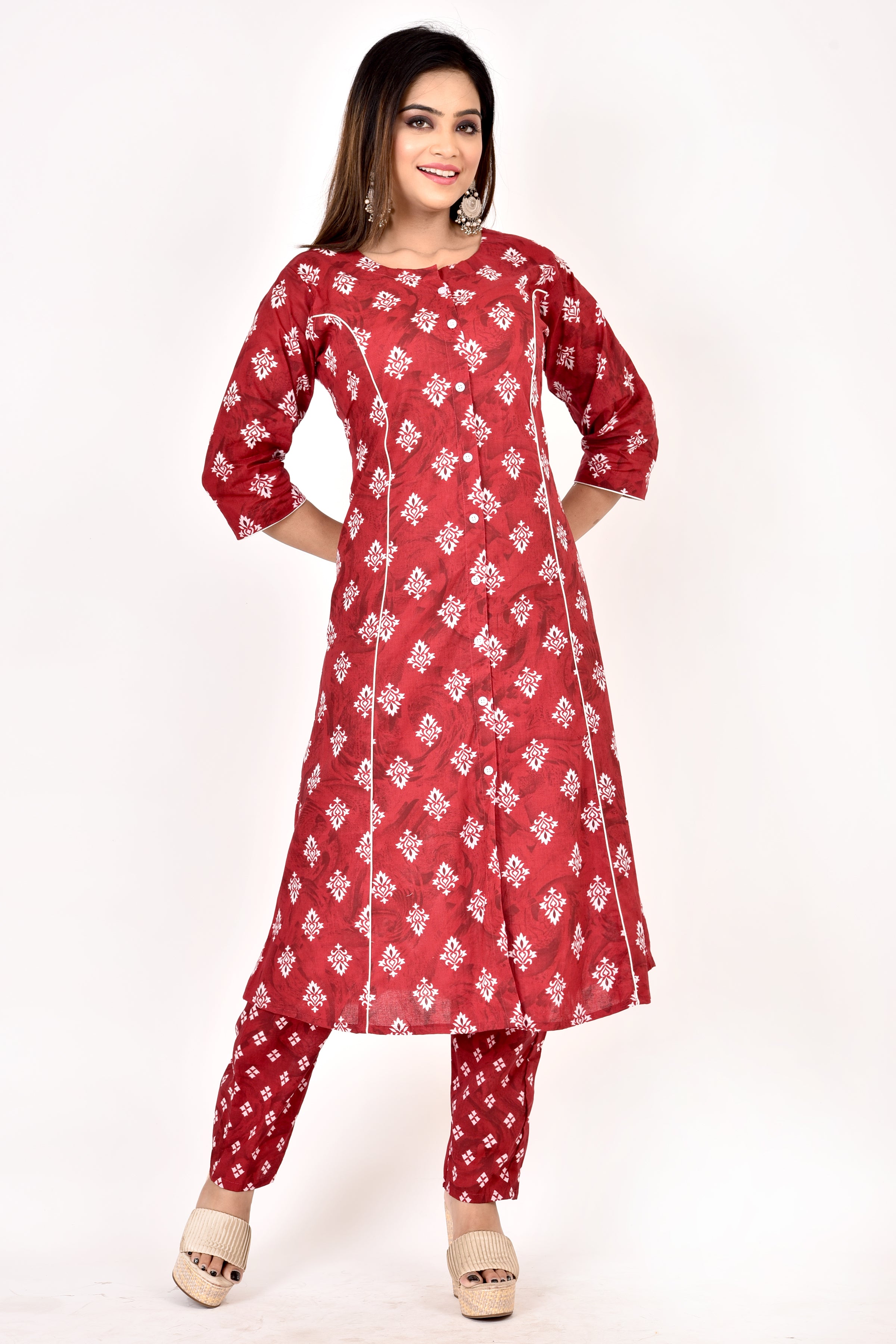 Maroon Geometric Print A-Line Kurta With Pant