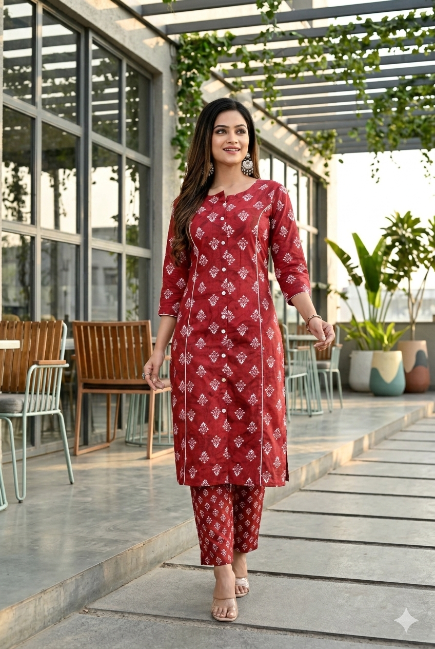 Maroon Geometric Print A-Line Kurta With Pant