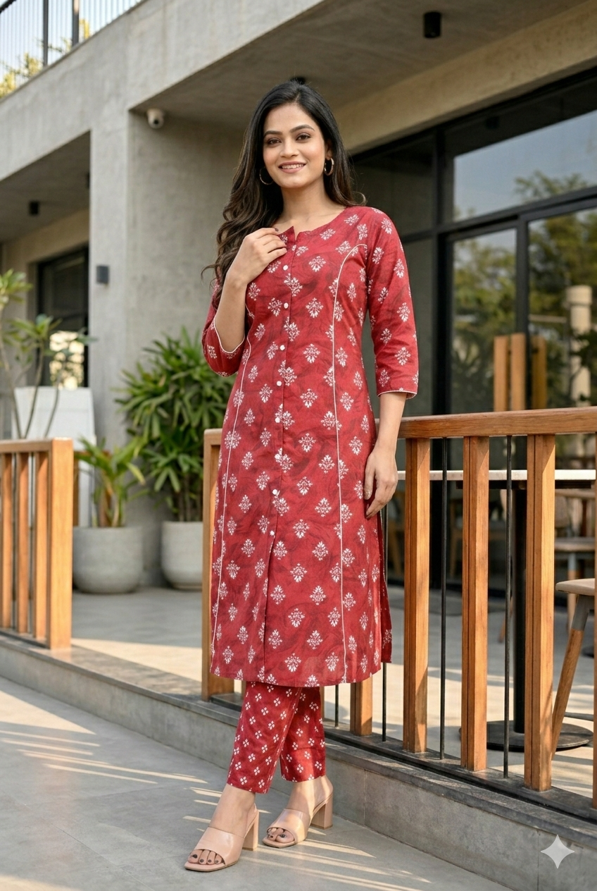 Maroon Geometric Print A-Line Kurta With Pant