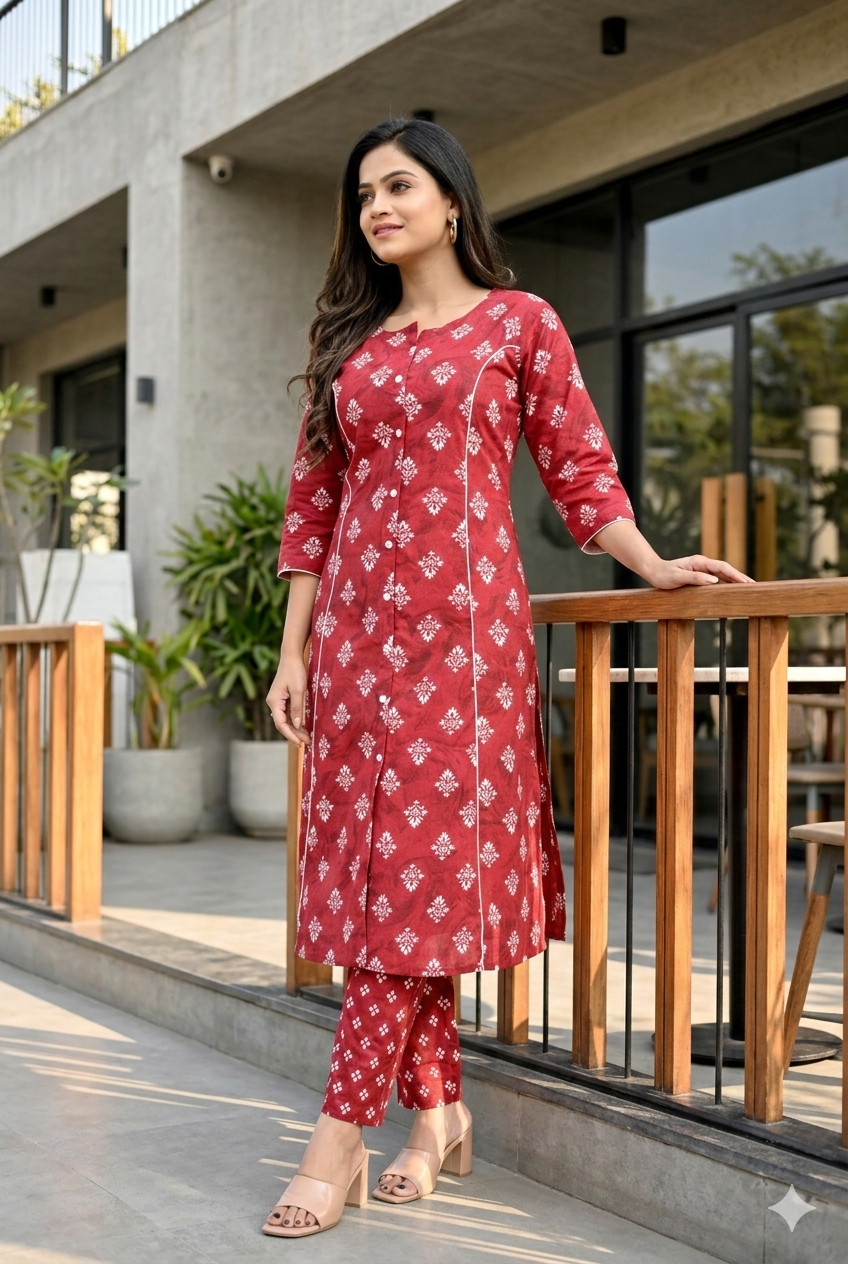 Maroon Geometric Print A-Line Kurta With Pant