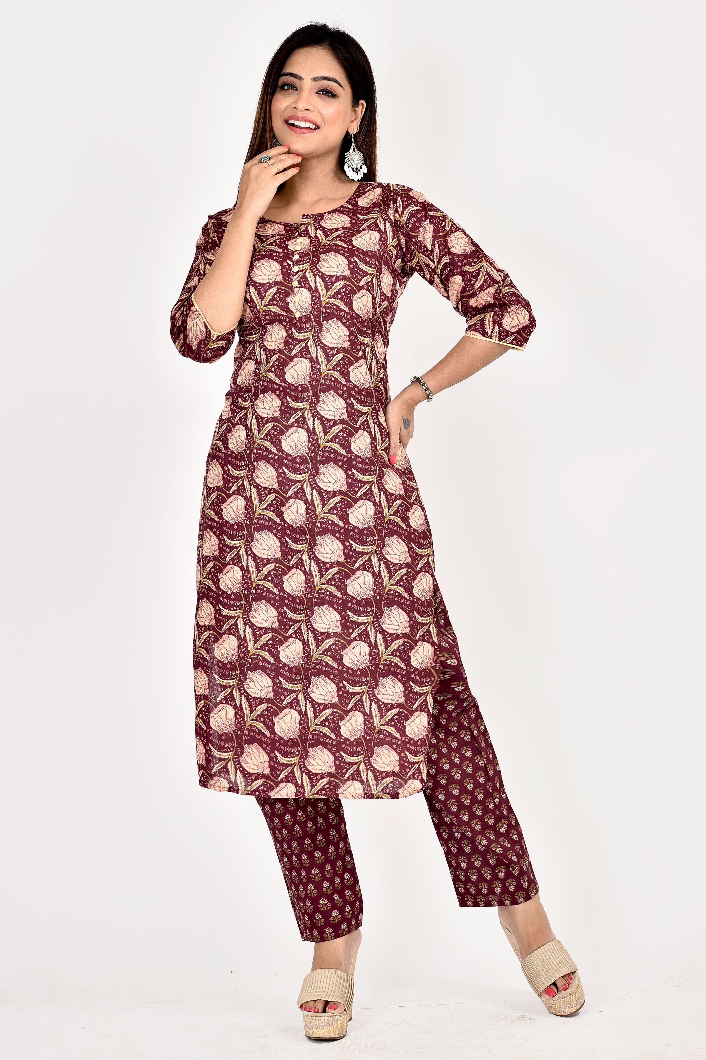 Purple Floral Print Kurta With Pant
