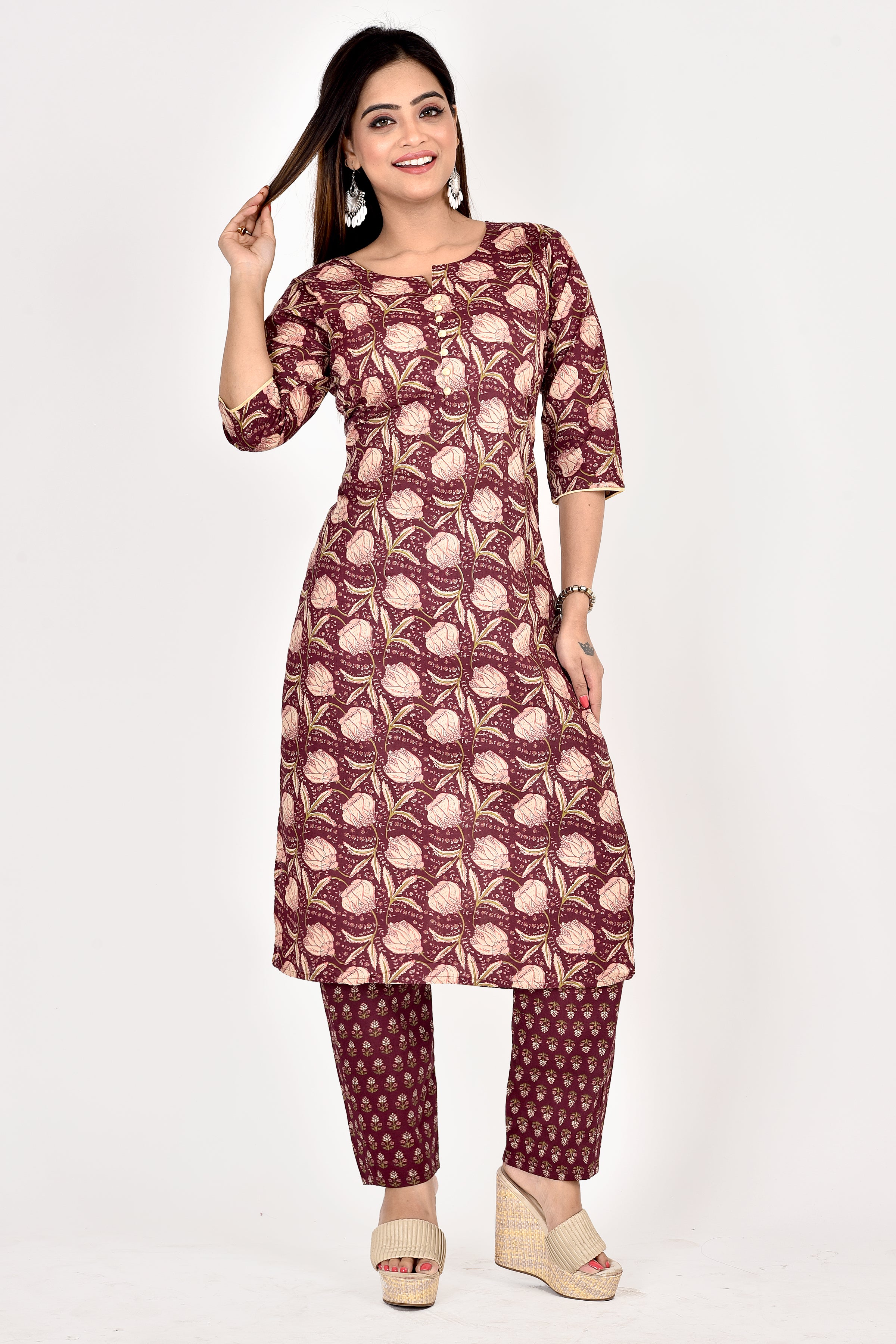Purple Floral Print Kurta With Pant