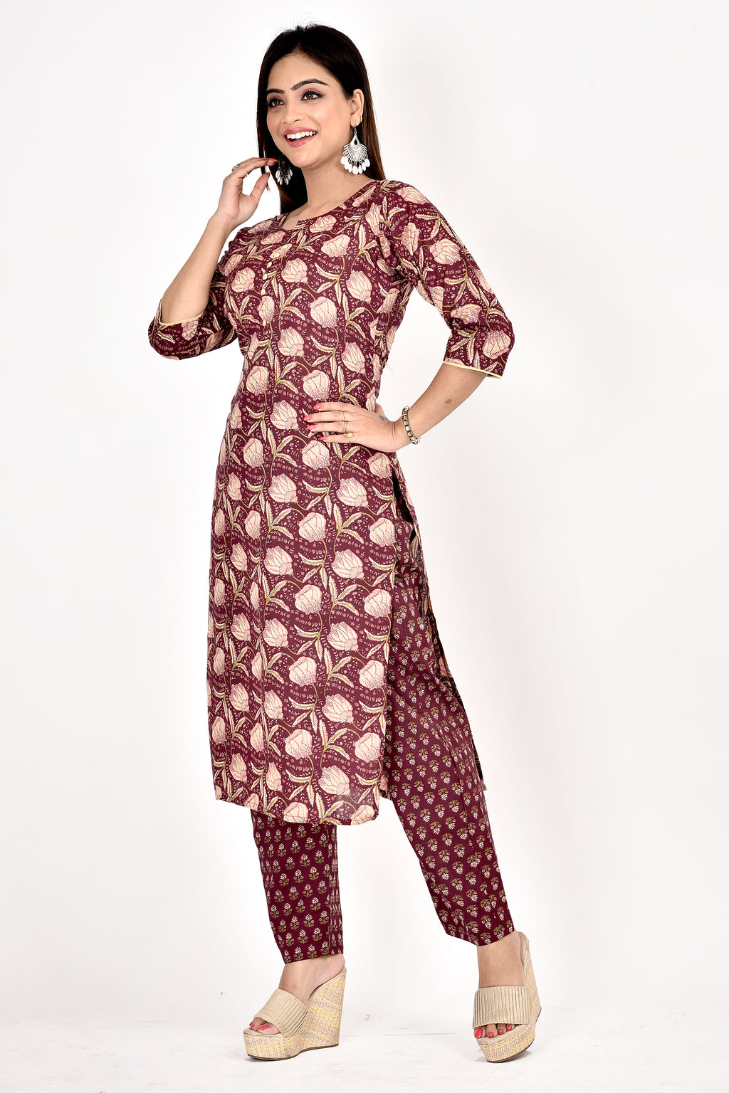 Purple Floral Print Kurta With Pant
