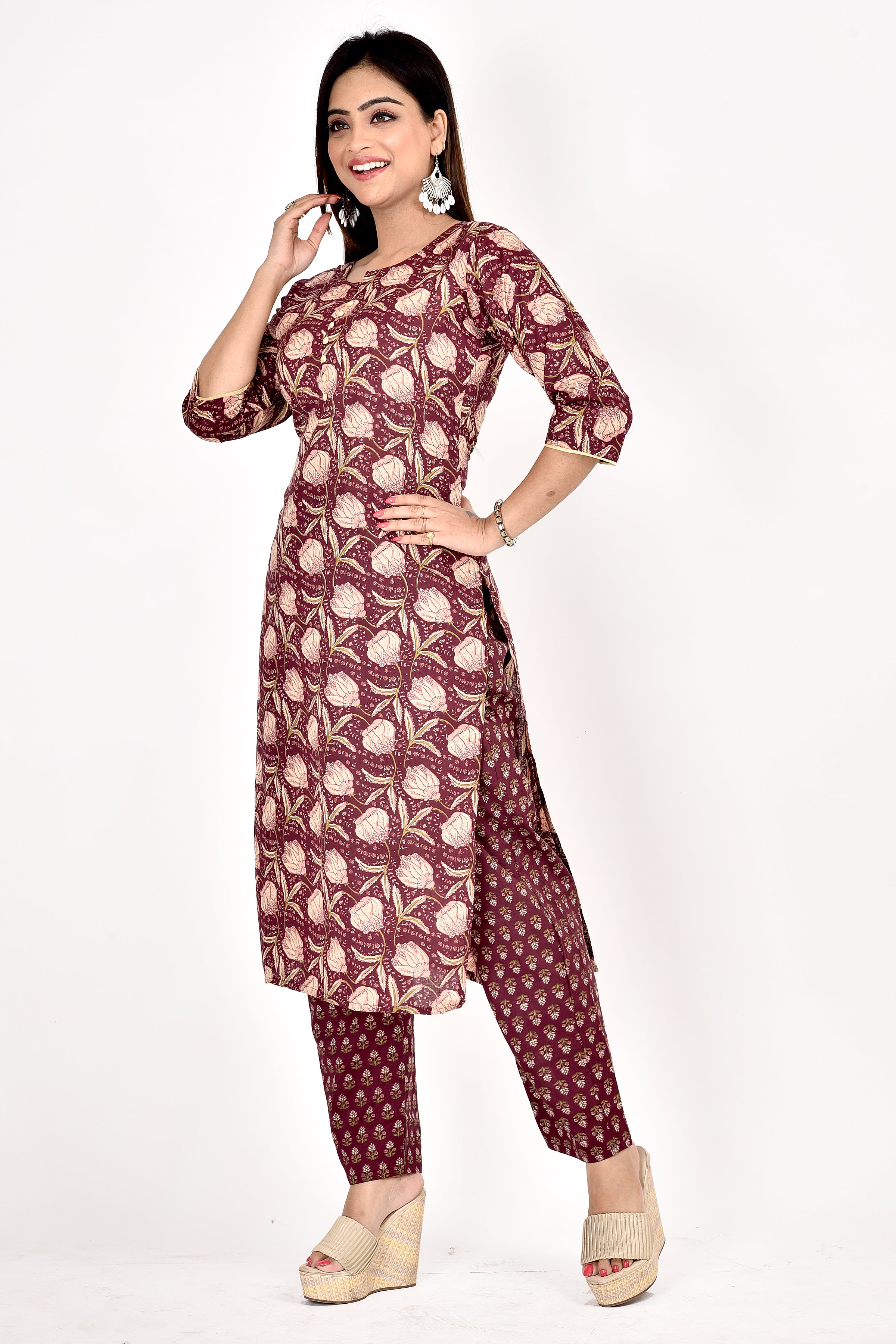 Purple Floral Print Kurta With Pant