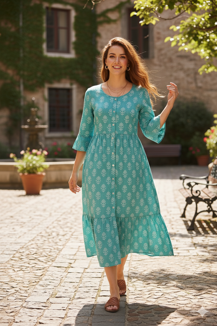 Aqua Blue Floral Print Flared Dress