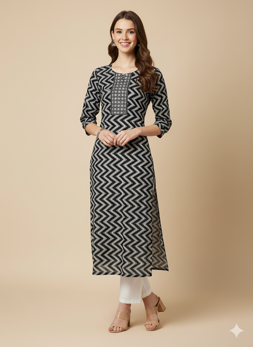 Black Zig-Zag Embroidered Straight Kurta