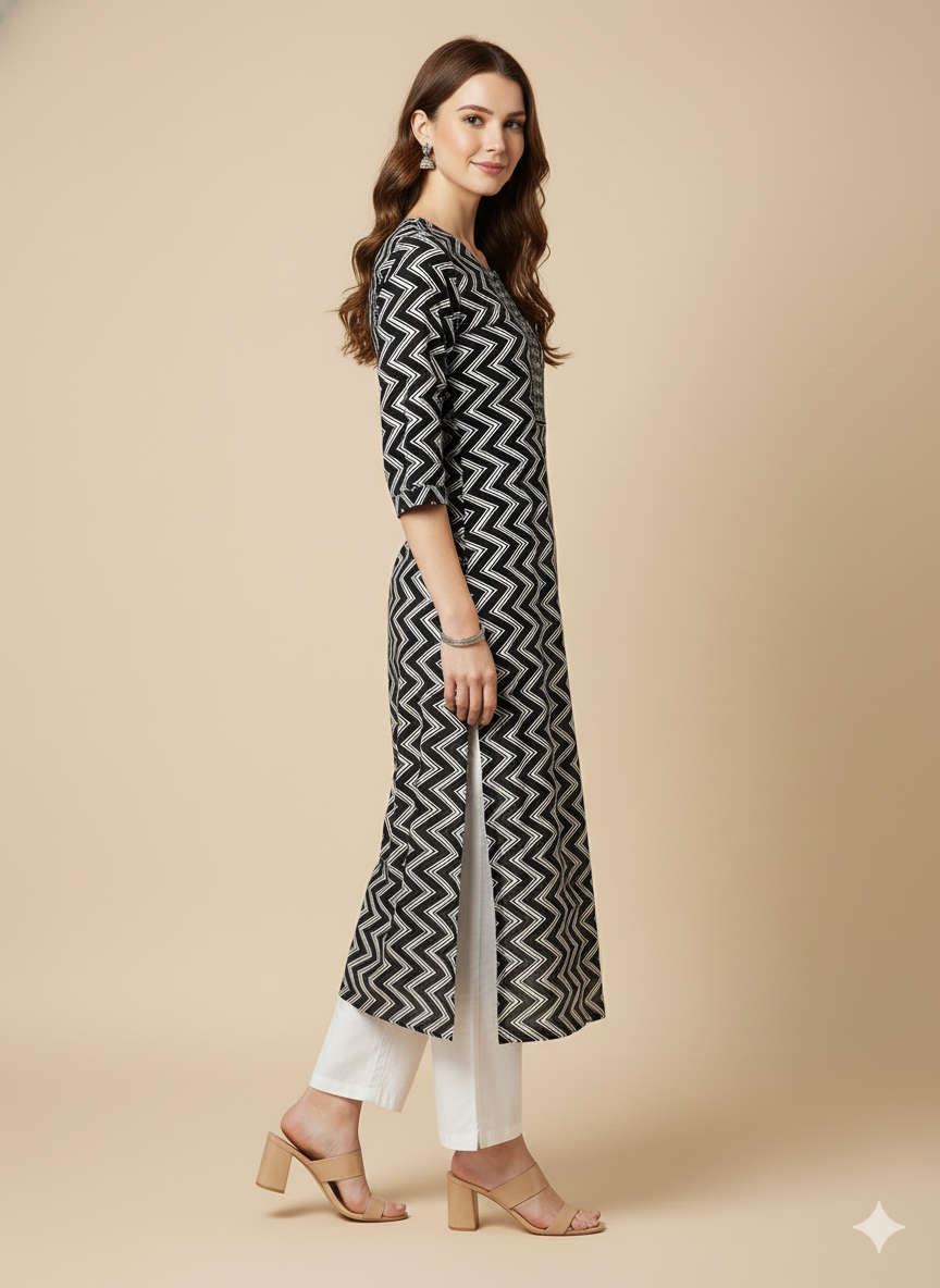 Black Zig-Zag Embroidered Straight Kurta