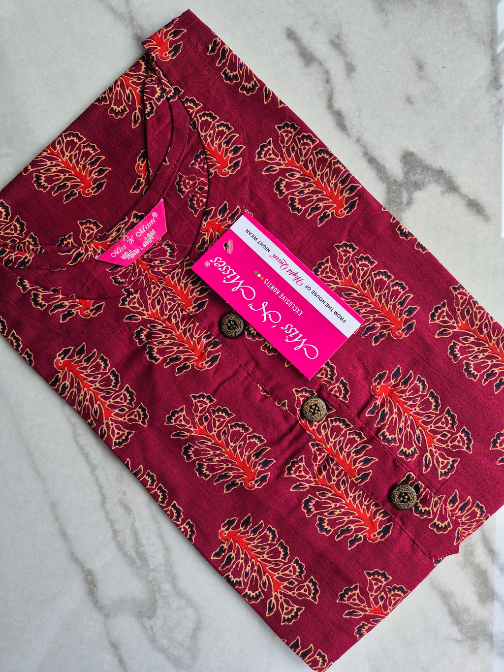 Maroon & Black Leaf Print Straight Kurta