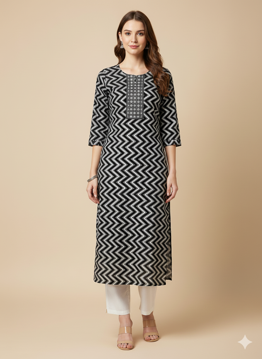 Black Zig-Zag Embroidered Straight Kurta