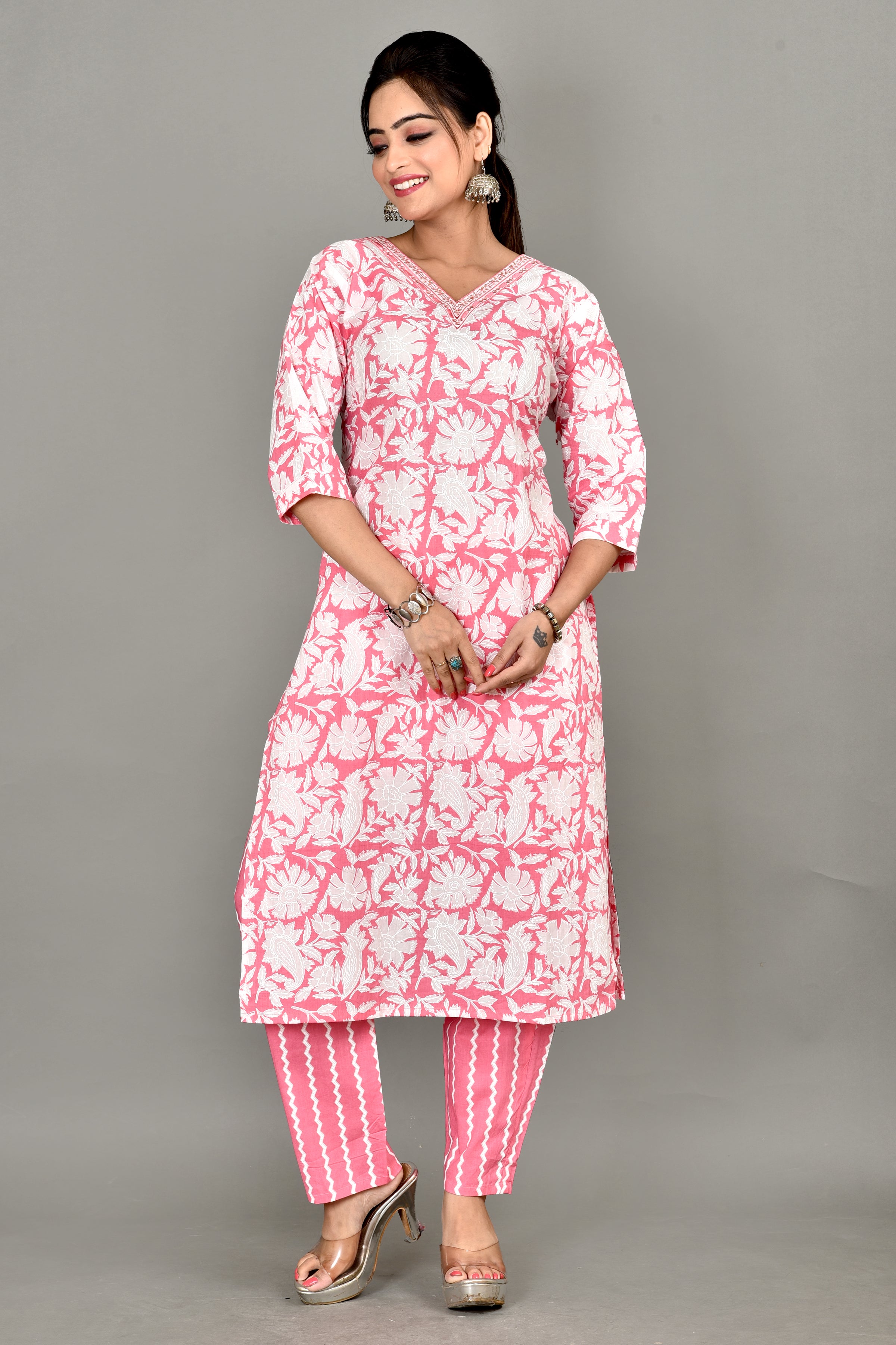 Pink Floral Print Embroidered Kurta With Pant
