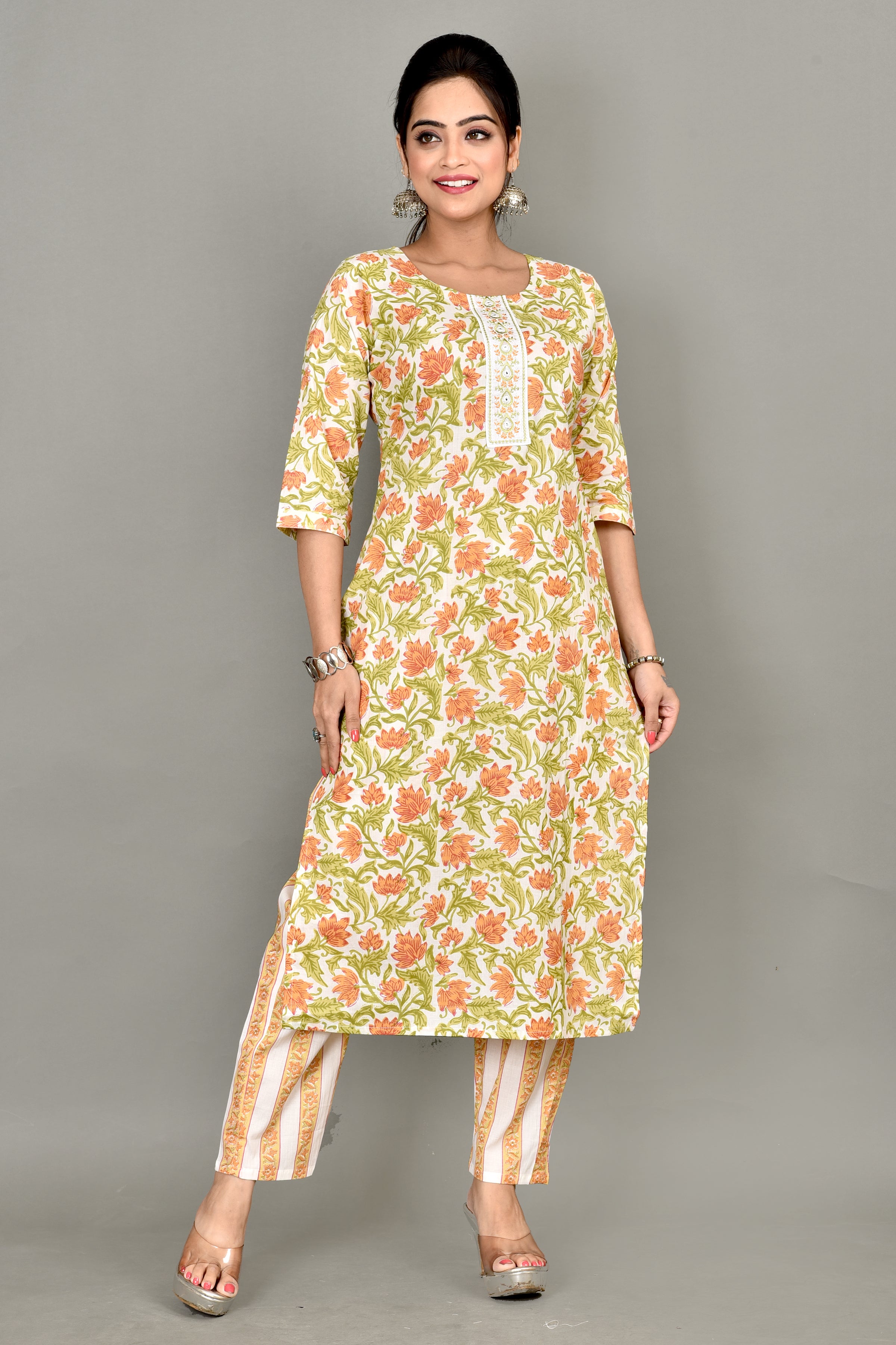 Off-White & Green Floral Print Embroidered Kurta With Pant