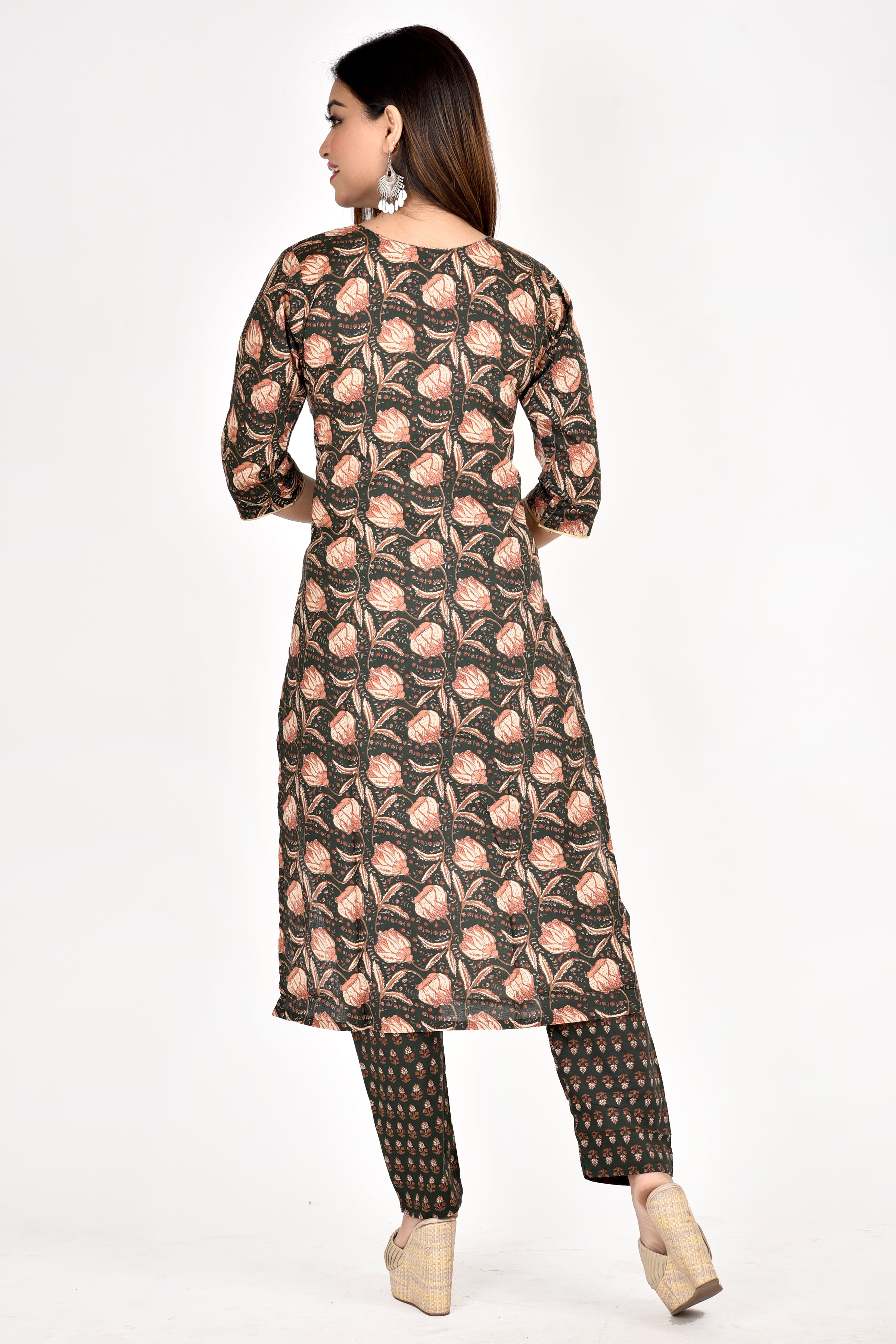 Dark green Floral Print Kurta With Pant