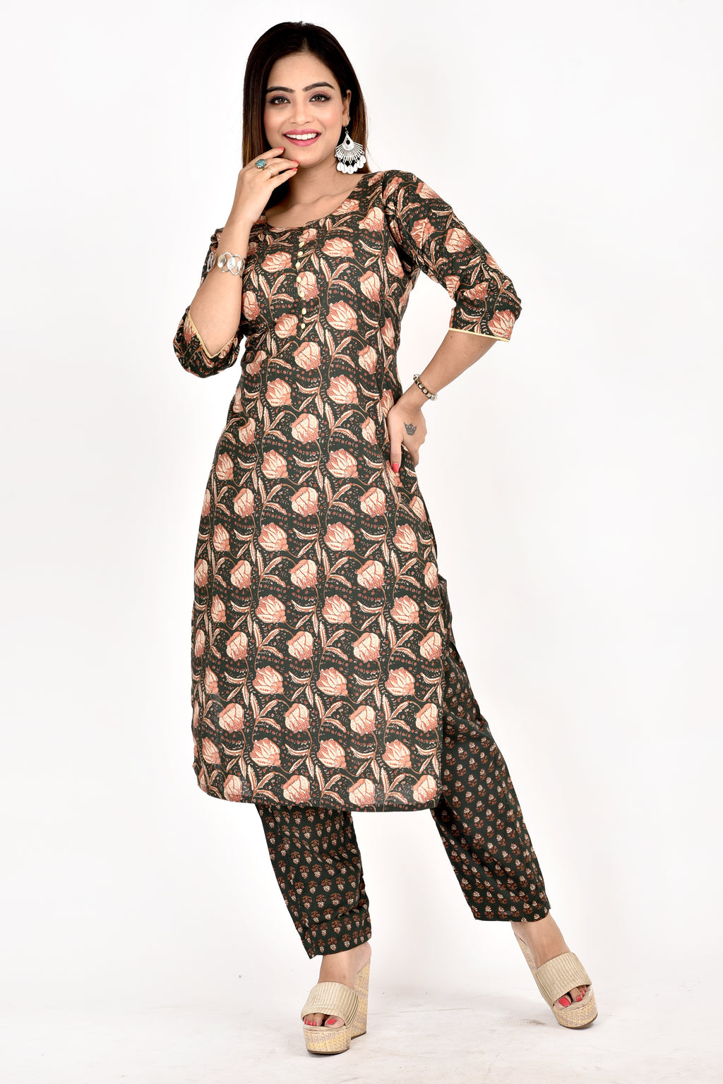 Dark green Floral Print Kurta With Pant