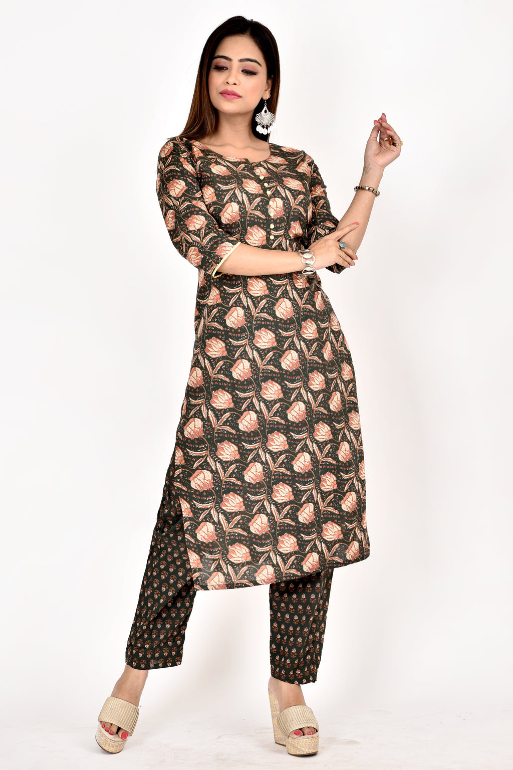 Dark green Floral Print Kurta With Pant