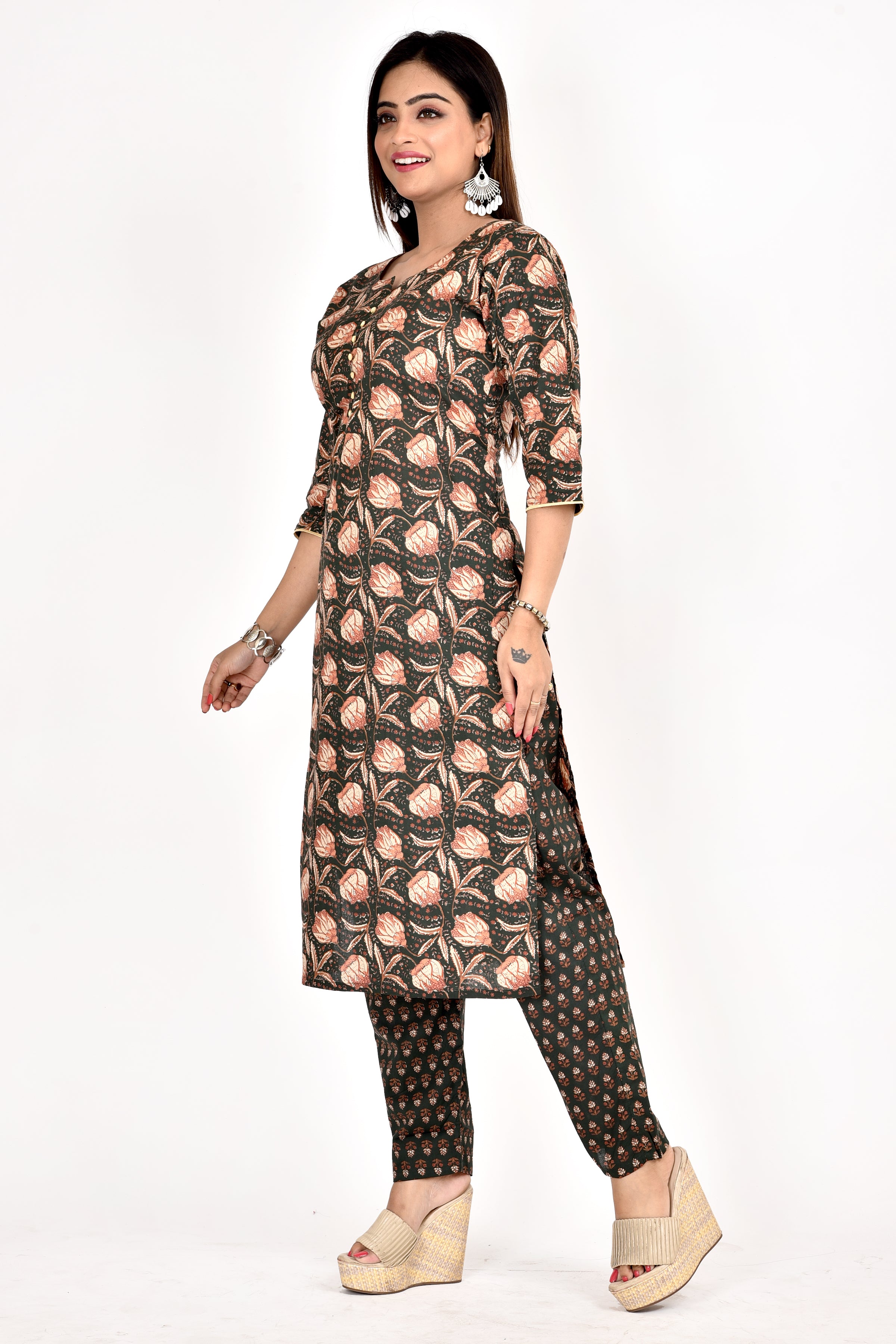 Dark green Floral Print Kurta With Pant