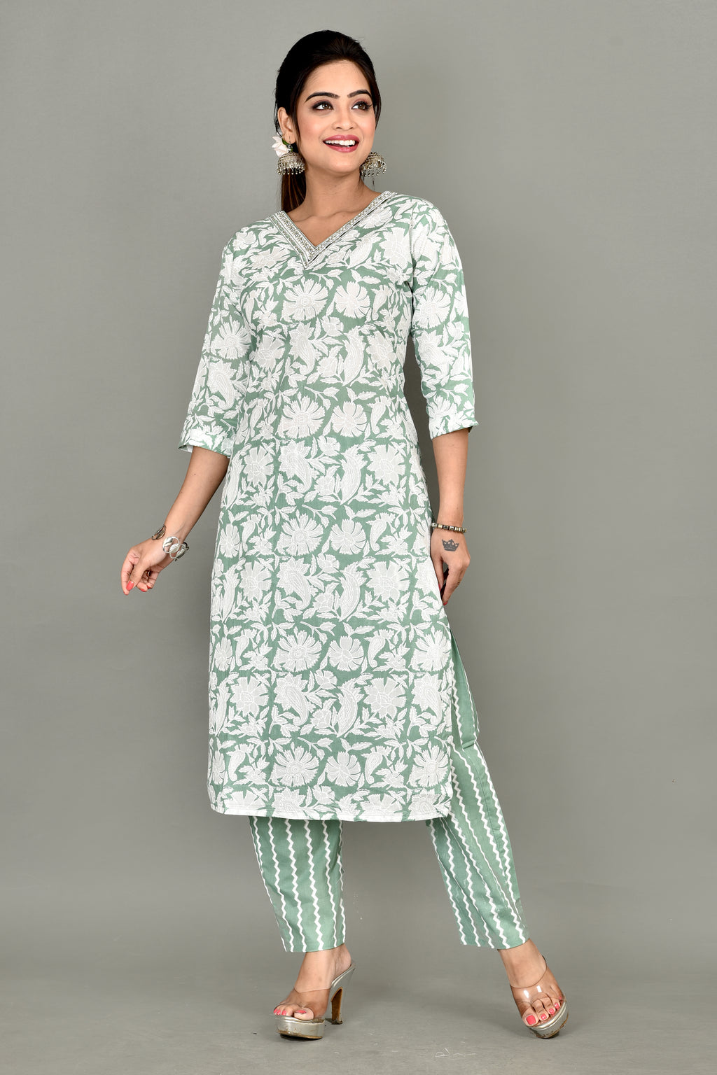 Light Green Floral Print Embroidered Kurta With Pant