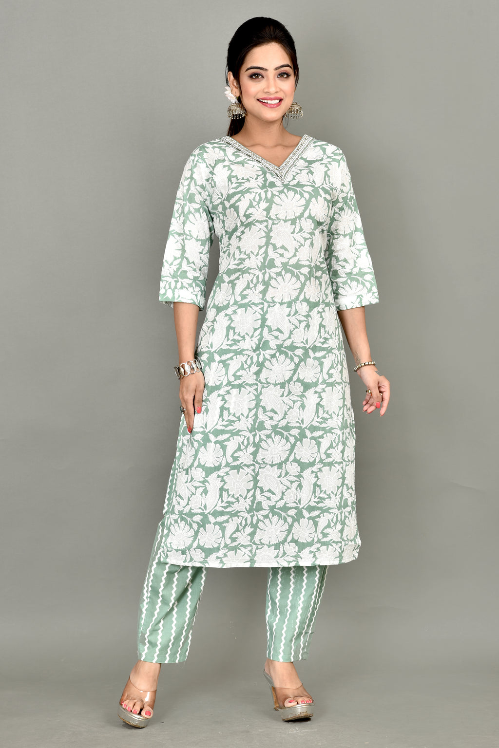 Light Green Floral Print Embroidered Kurta With Pant