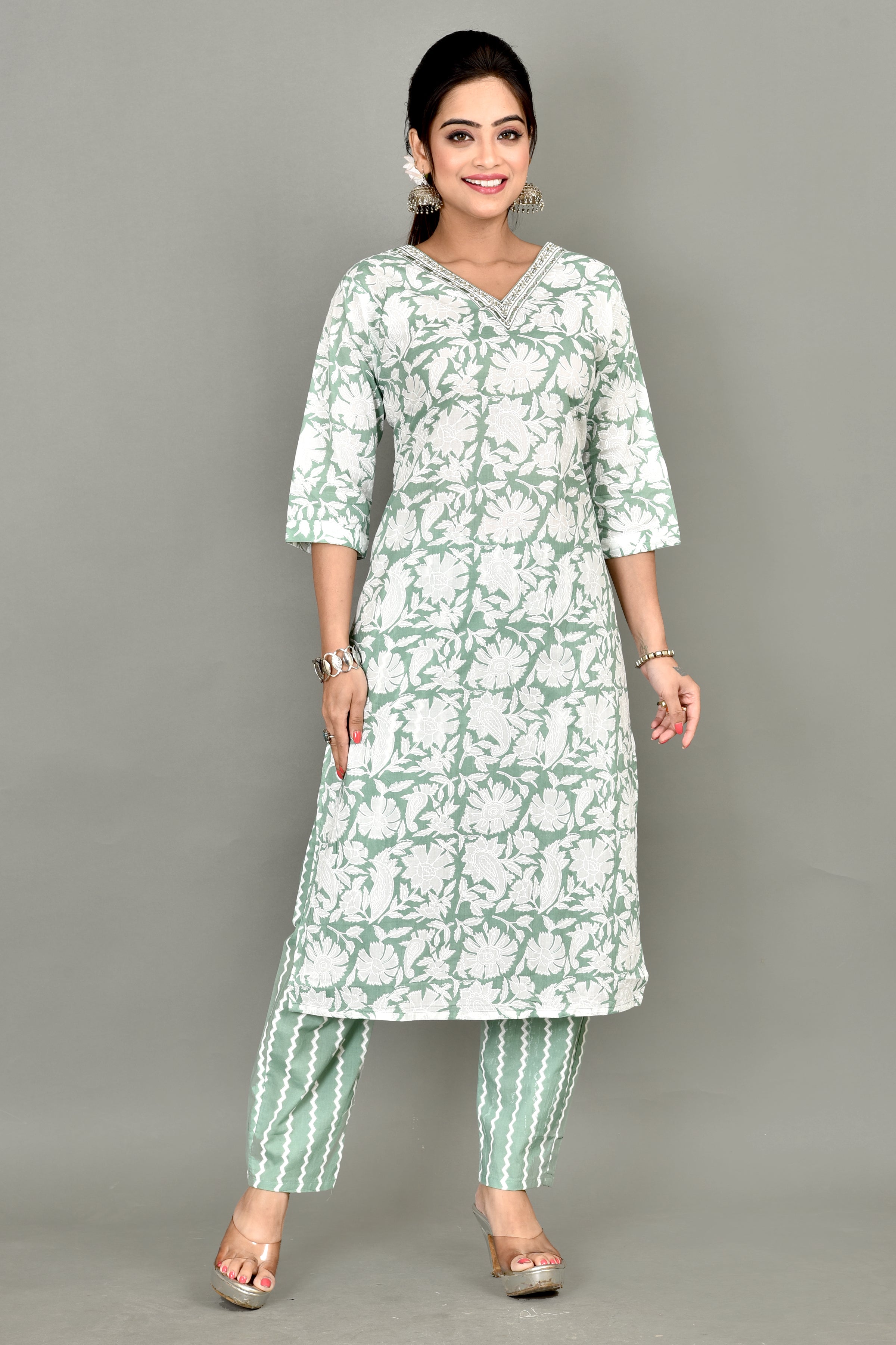 Light Green Floral Print Embroidered Kurta With Pant