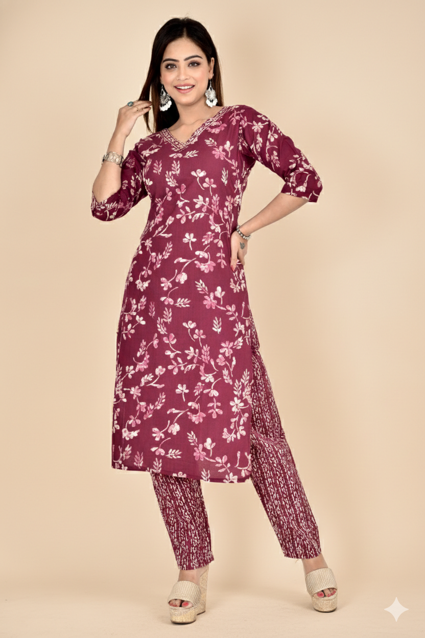 Purple Floral Print Kurta With Pant