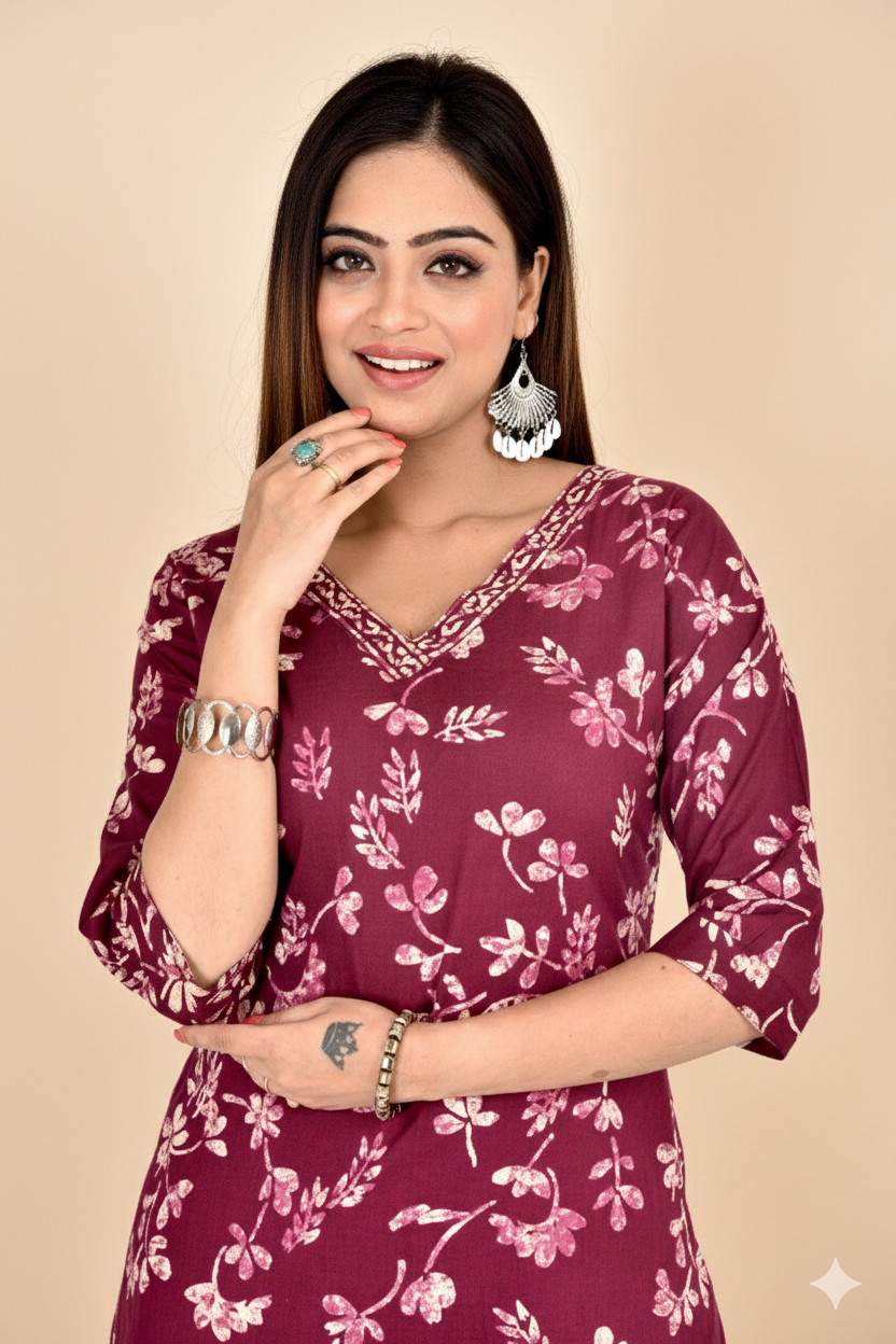 Purple Floral Print Kurta With Pant