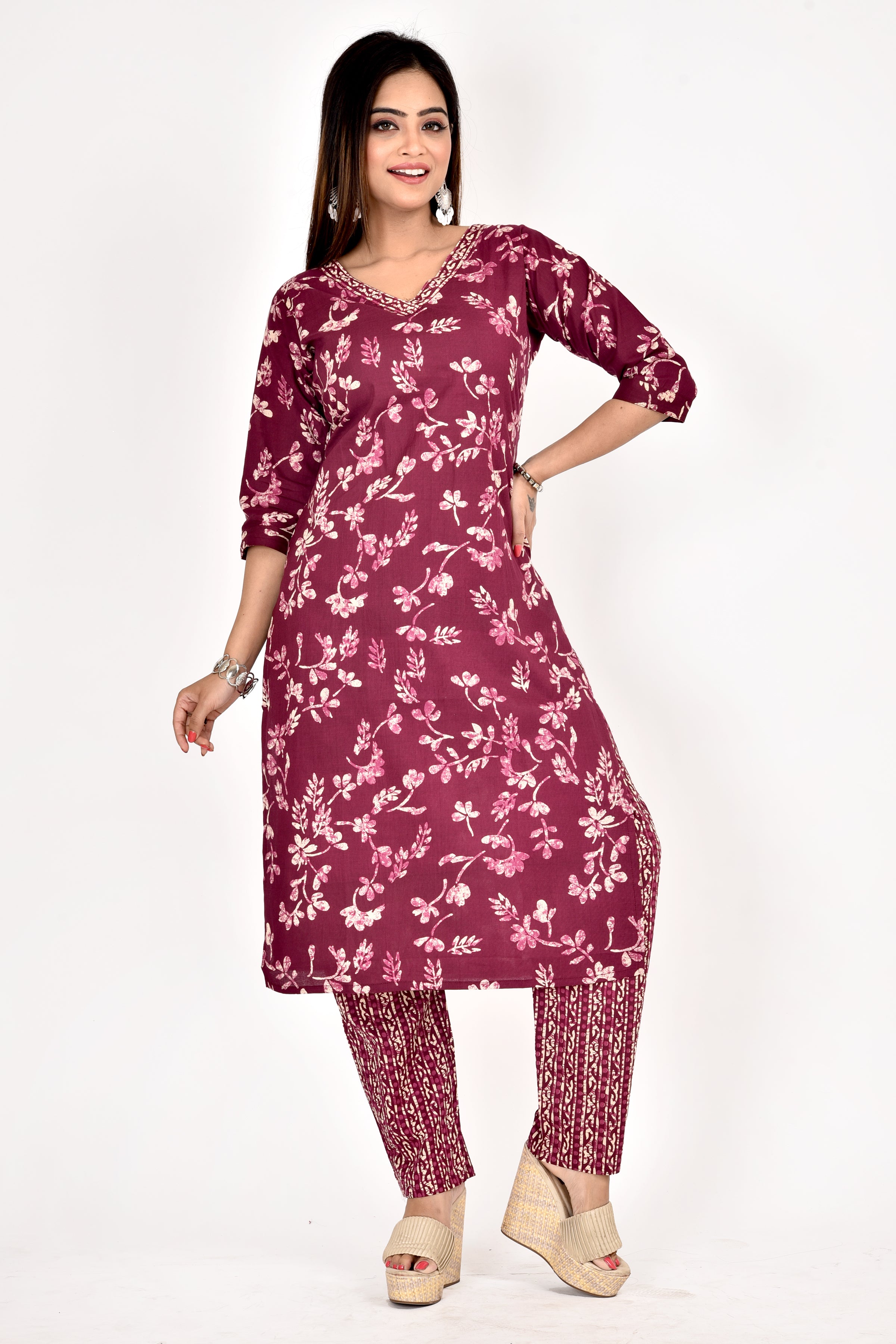 Purple Floral Print Kurta With Pant