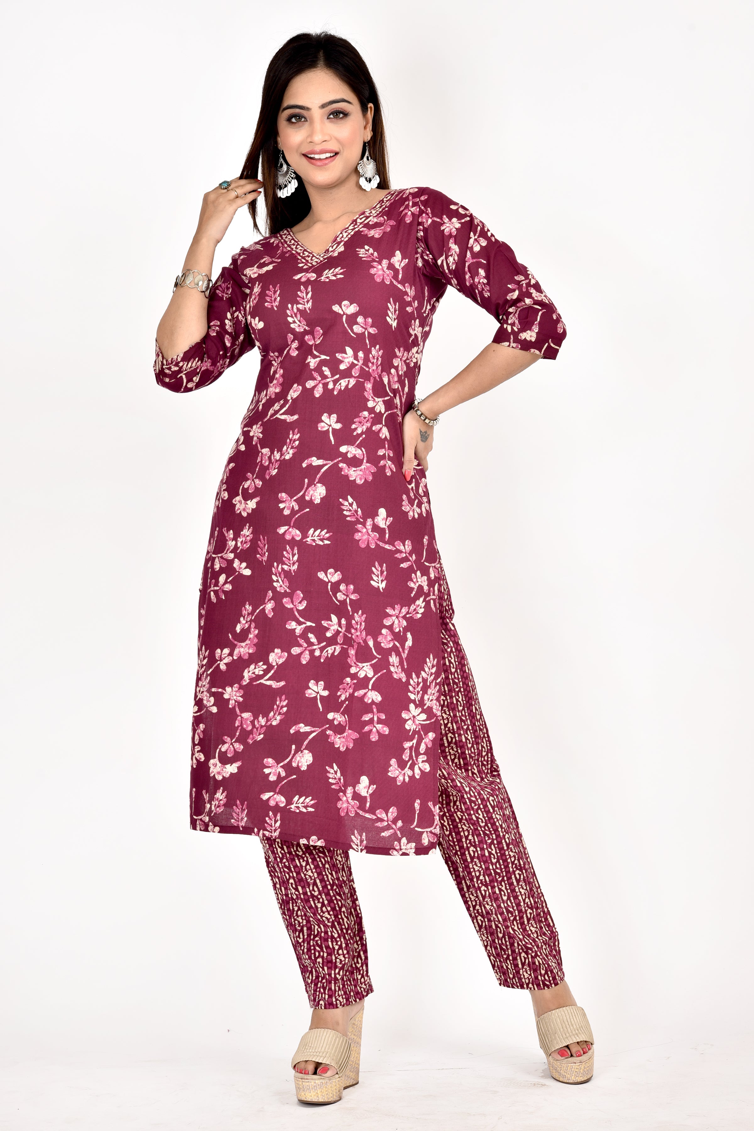 Purple Floral Print Kurta With Pant