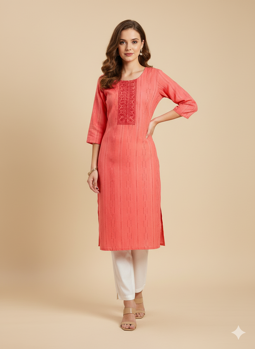 Vermilion Geometric Embroidered Straight Kurta