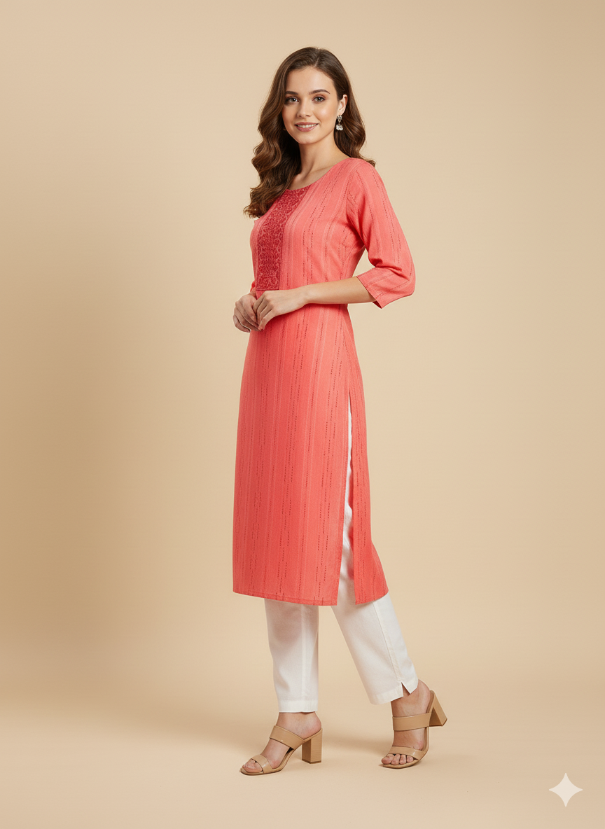 Vermilion Geometric Embroidered Straight Kurta