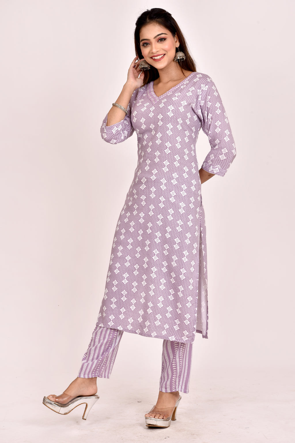 Lilac Geometric Print Kurta With Pant