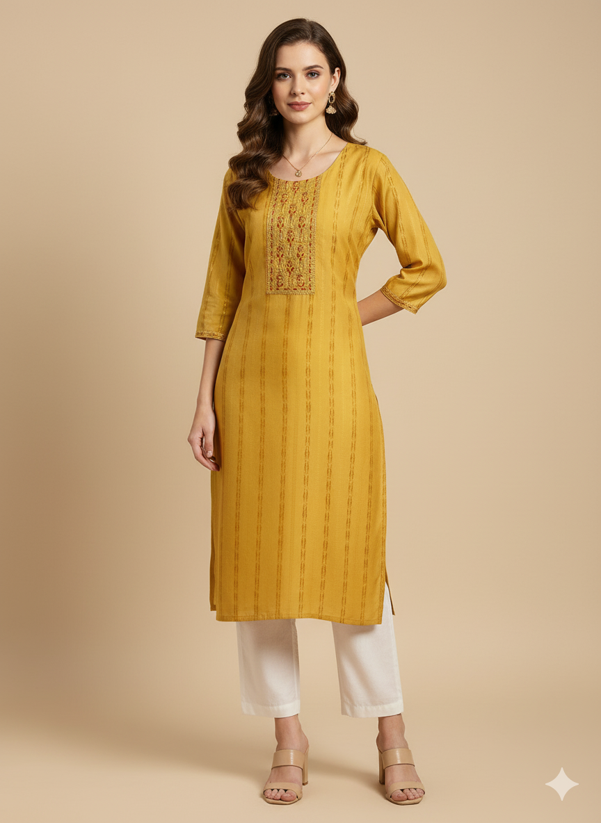 Yellow Floral Embroidered Straight Kurta