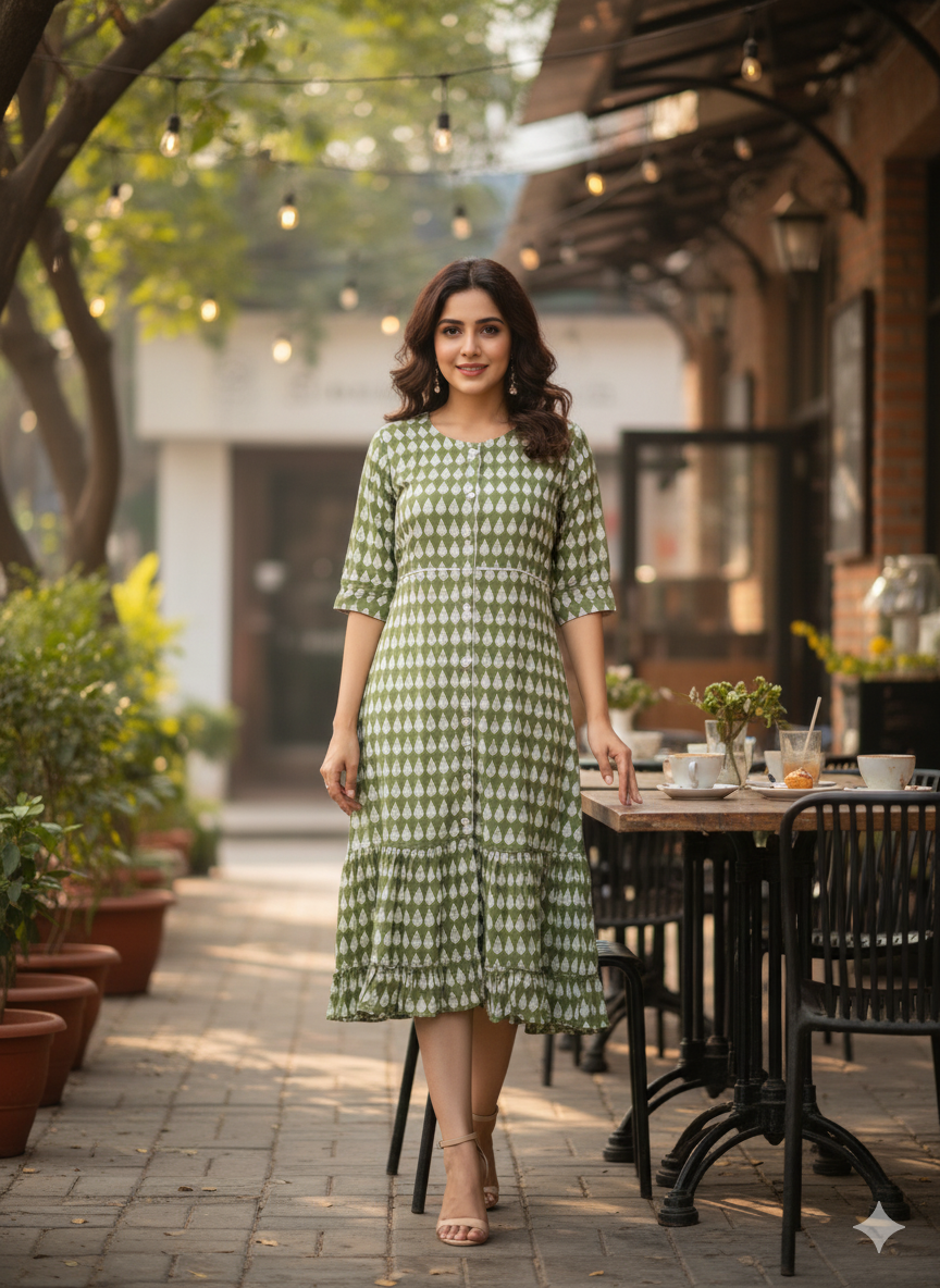 Green Leaf Print Flared Dress
