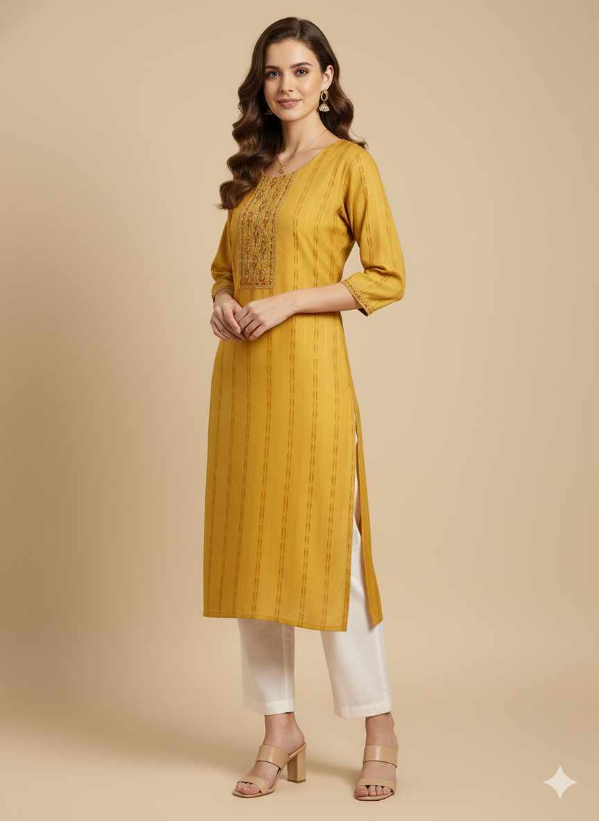 Yellow Floral Embroidered Straight Kurta