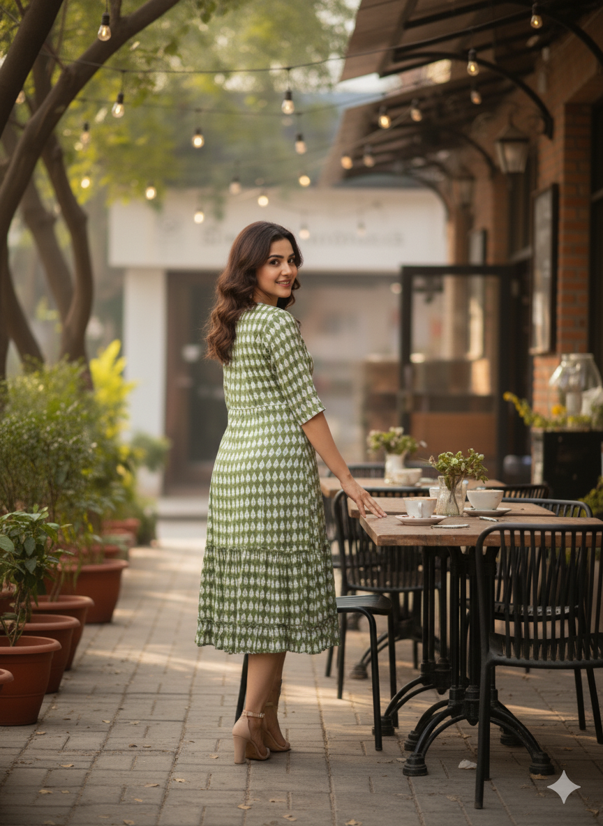 Green Leaf Print Flared Dress