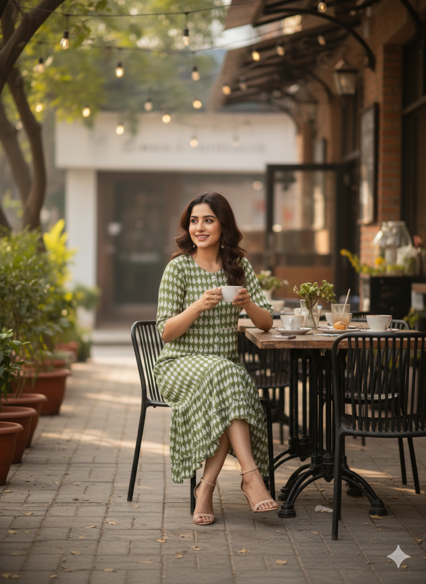 Green Leaf Print Flared Dress