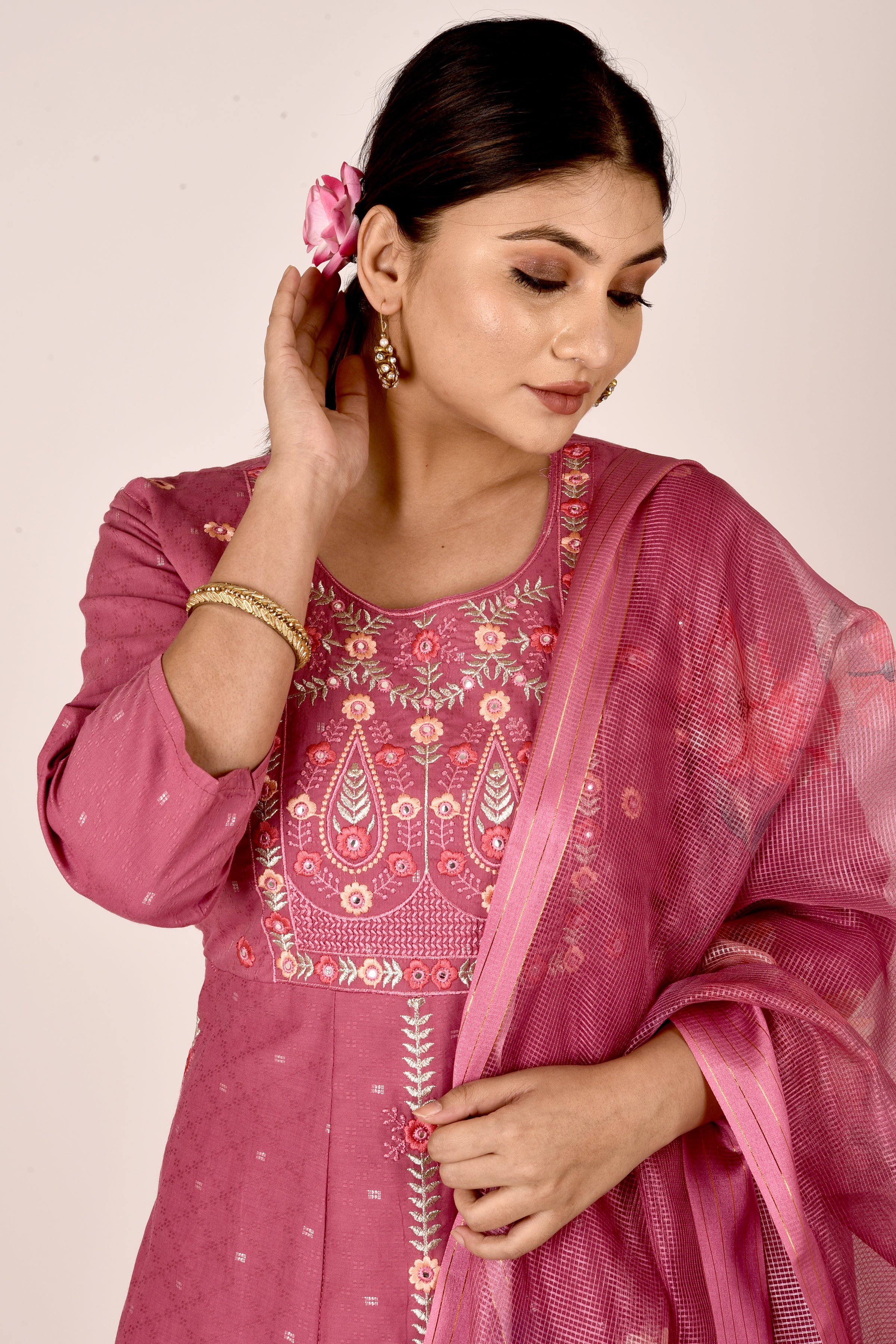 Onion Pink Embroidered Anarkali Kurta With Pant & Dupatta