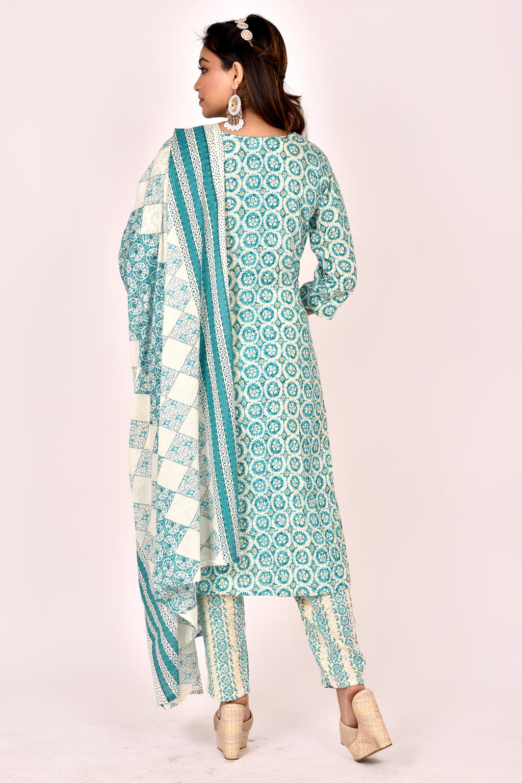 Aqua Blue Geometric Print Kurta With Pant & Dupatta