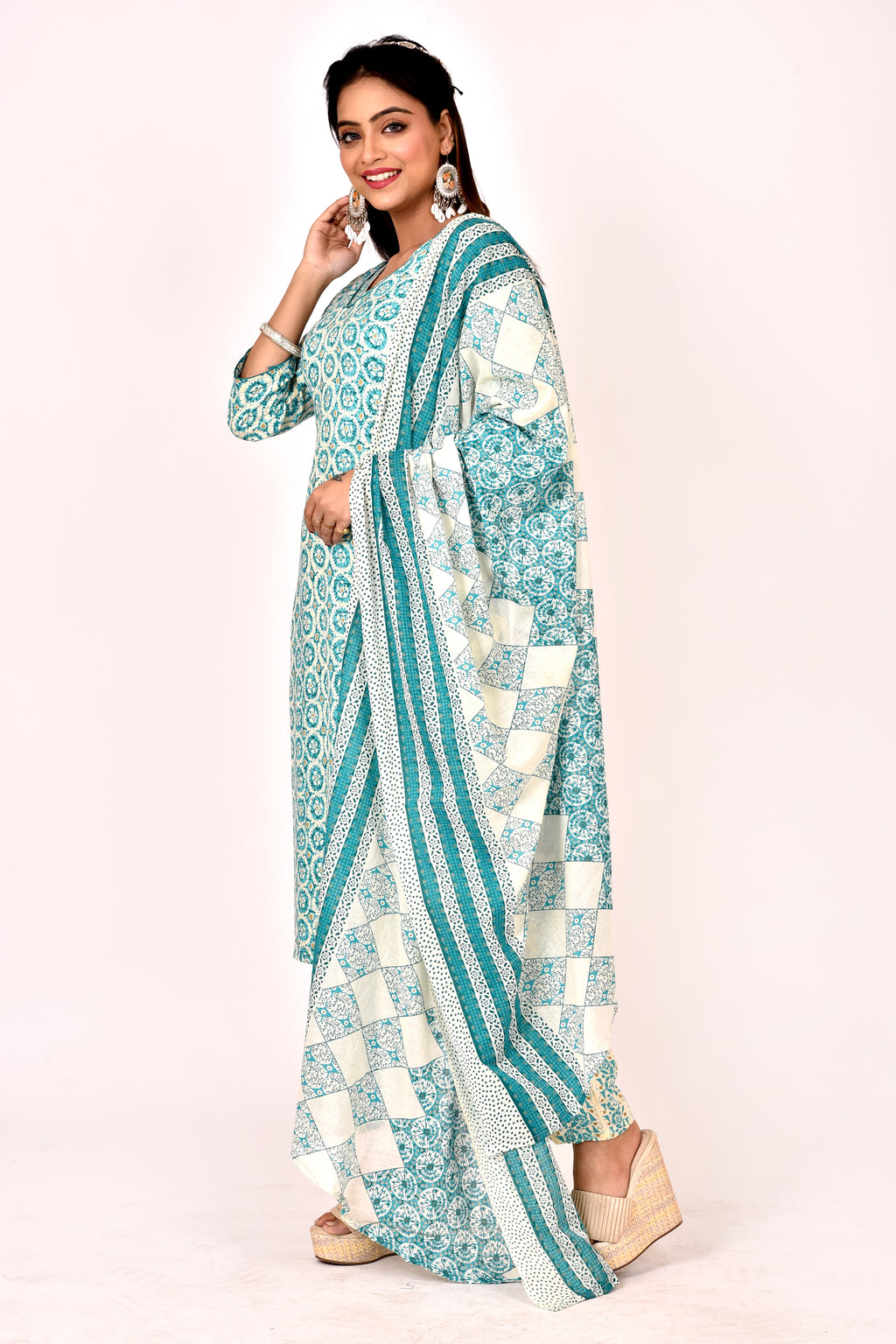 Aqua Blue Geometric Print Kurta With Pant & Dupatta
