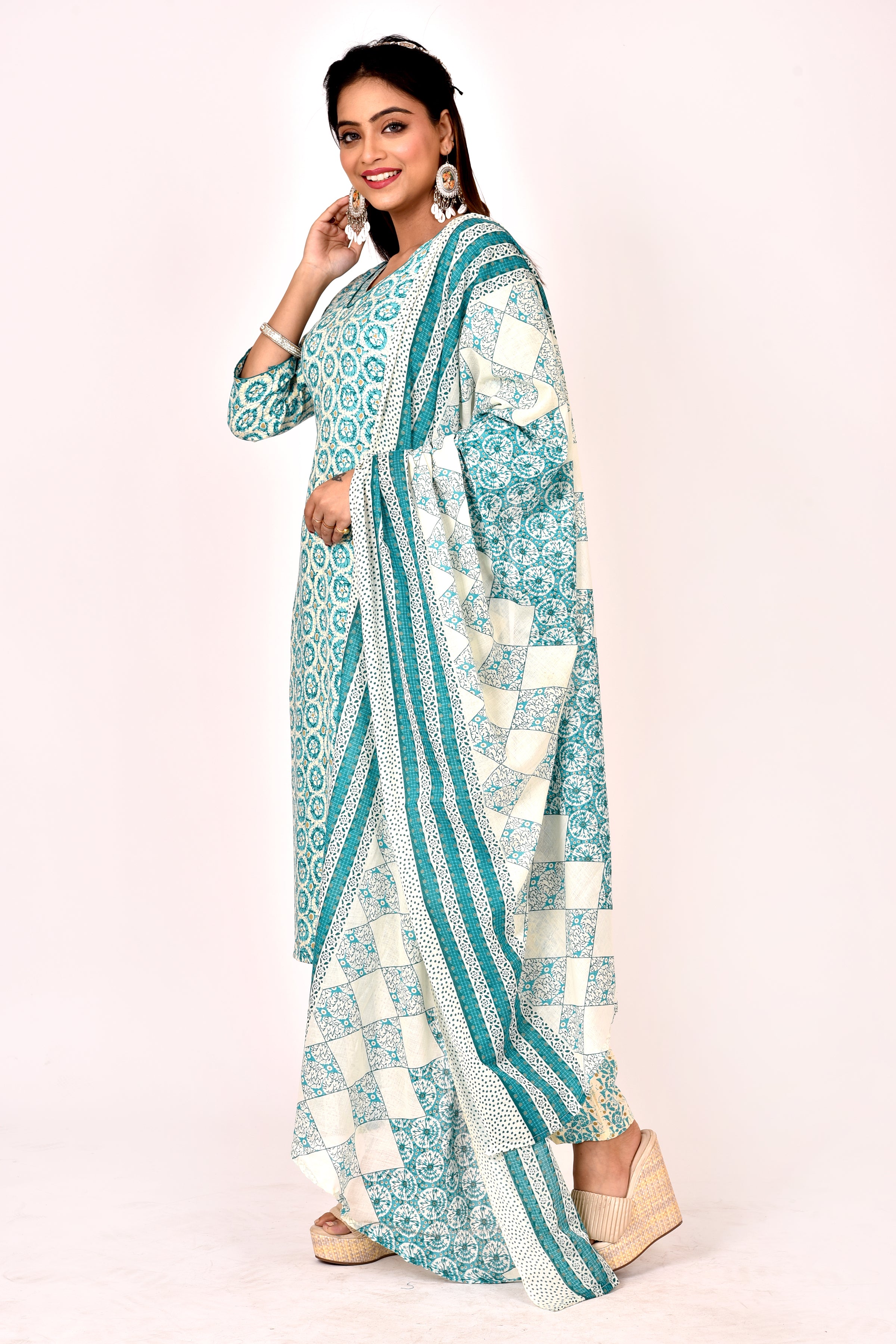 Aqua Blue Geometric Print Kurta With Pant & Dupatta