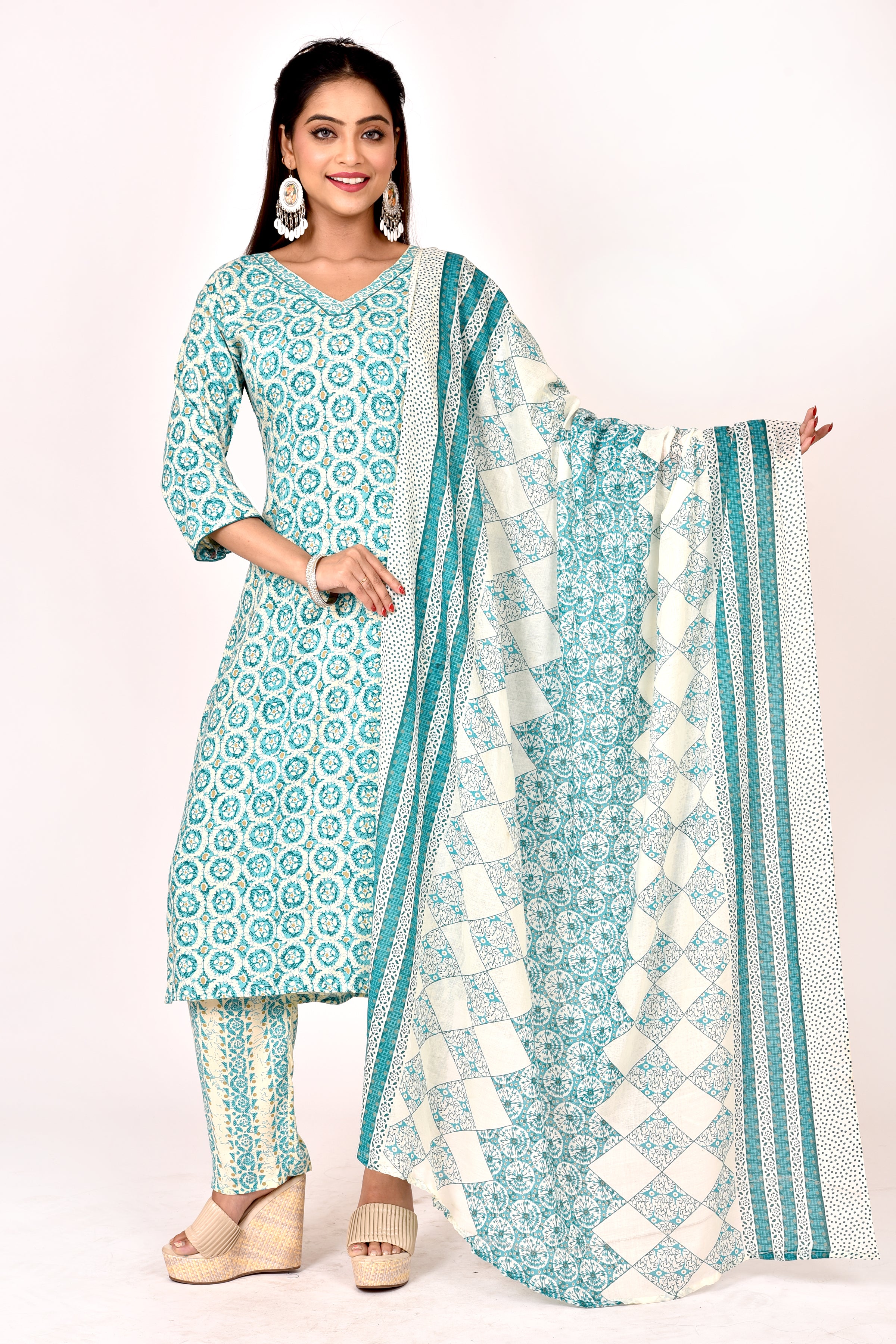 Aqua Blue Geometric Print Kurta With Pant & Dupatta
