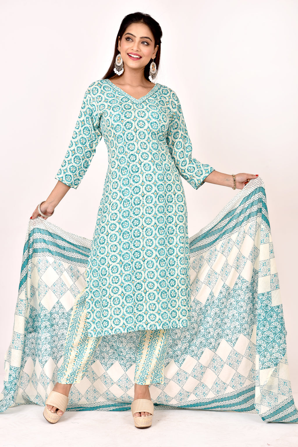 Aqua Blue Geometric Print Kurta With Pant & Dupatta