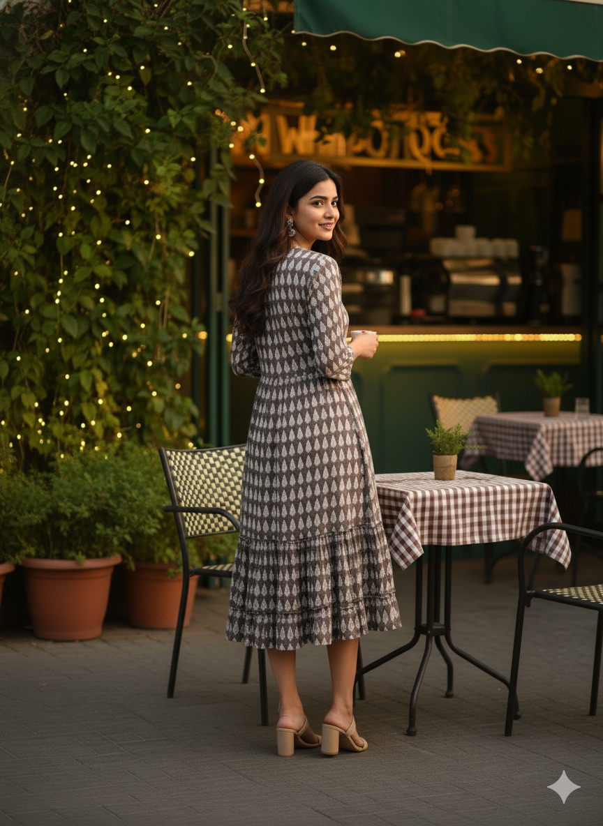 Grey Leaf Print Flared Dress