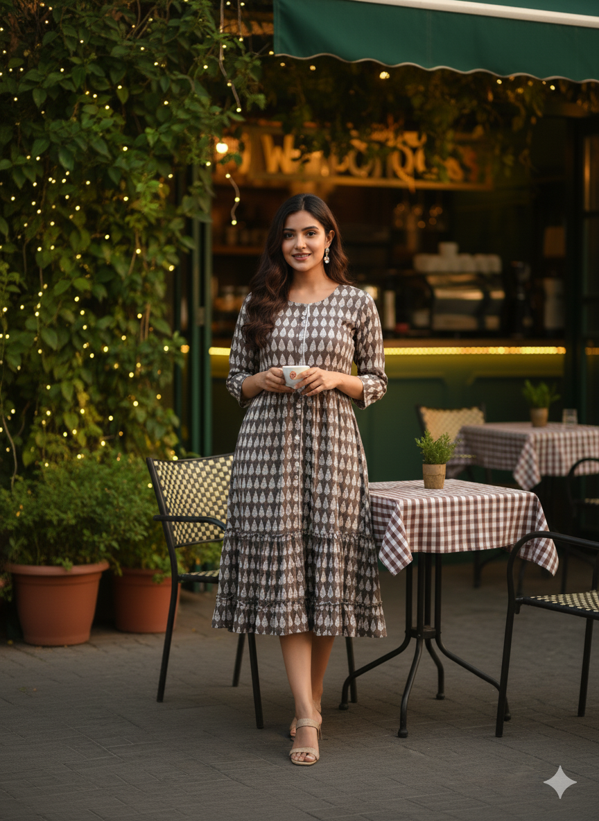 Grey Leaf Print Flared Dress