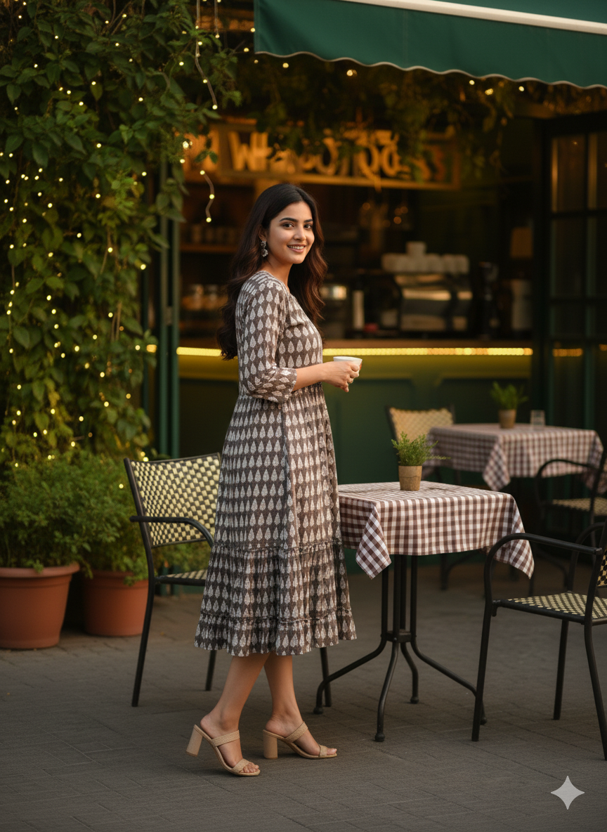 Grey Leaf Print Flared Dress